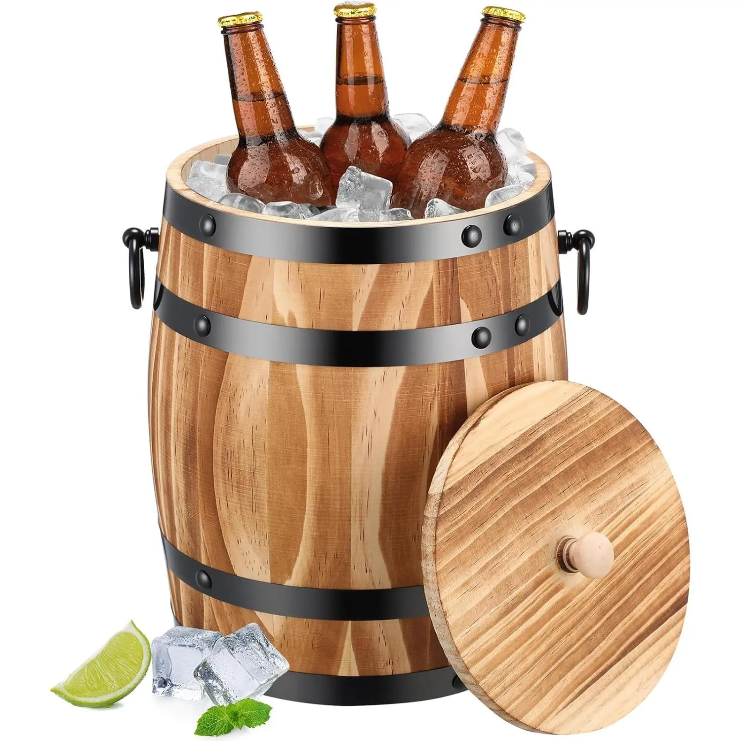Honeydak Traditional Wooden Barrel Ice Bucket with Lid, 1.5L Stainless Steel Interior Food & Drink Container, Handles, Home Bar Organiser for Cocktail Parties, Wine/Champagne Chilling, Rustic Kitchen Decor