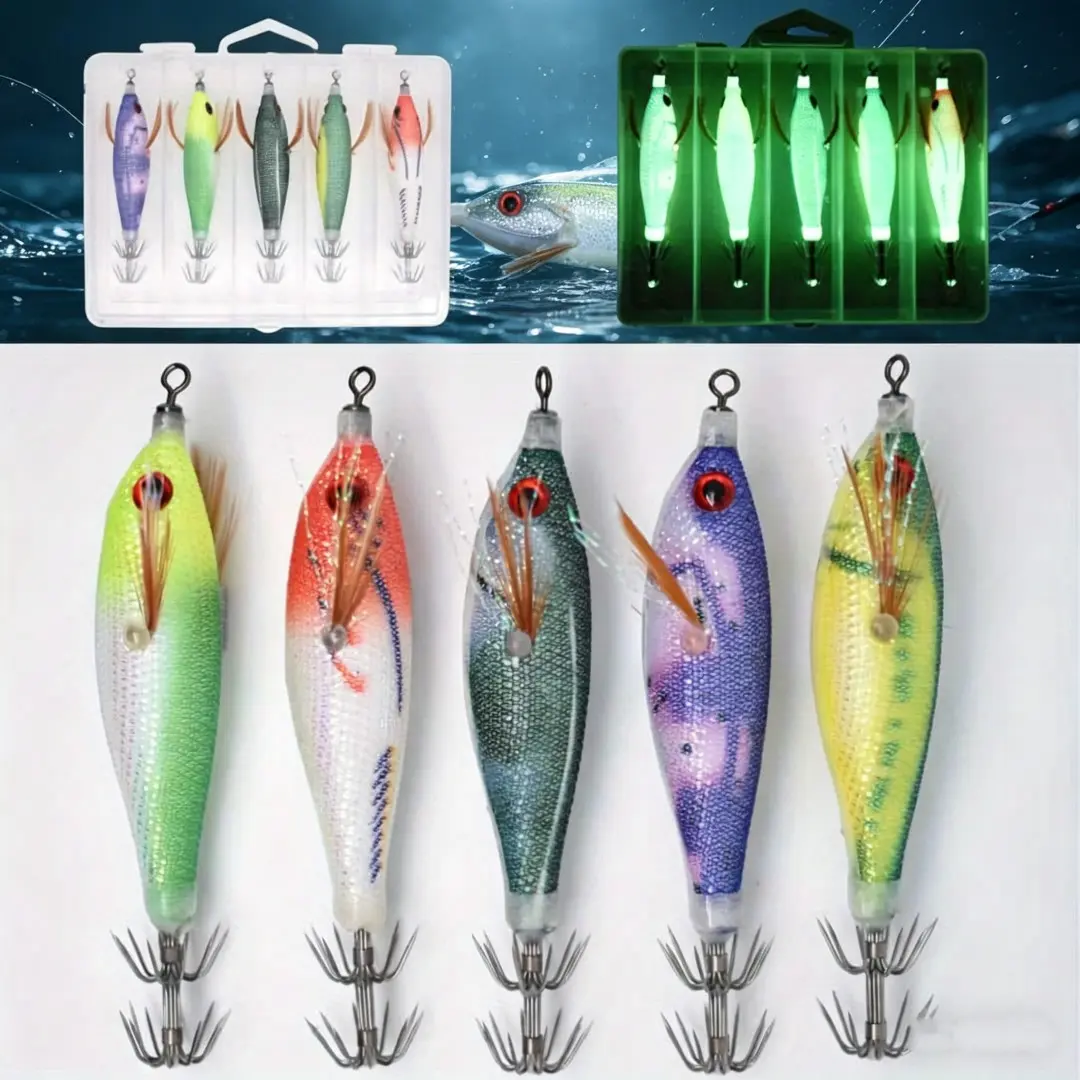 Luminous Squid Jig Hook Fishing Lure, Artificial Fake Octopus Lures, Wood Shrimp Cuttlefish Hard Bait, Sea Jigs Fishing Tackle