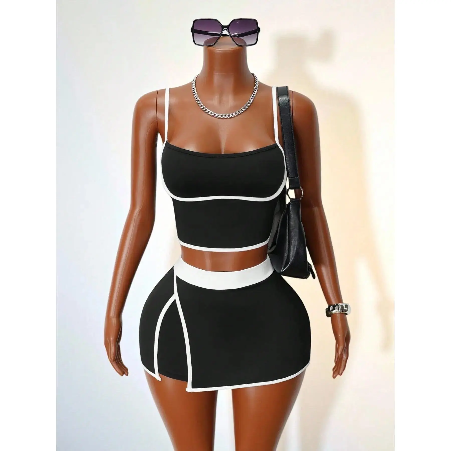 Summer New Colorblock Halter Short Dress Set, Sexy Lace Up Crop Top, Asymmetric Skirt Pants Two Piece, Casual Sporty Design Sportswear, Workout Set, Workout Sets Women, Athleisure Summer Clothes