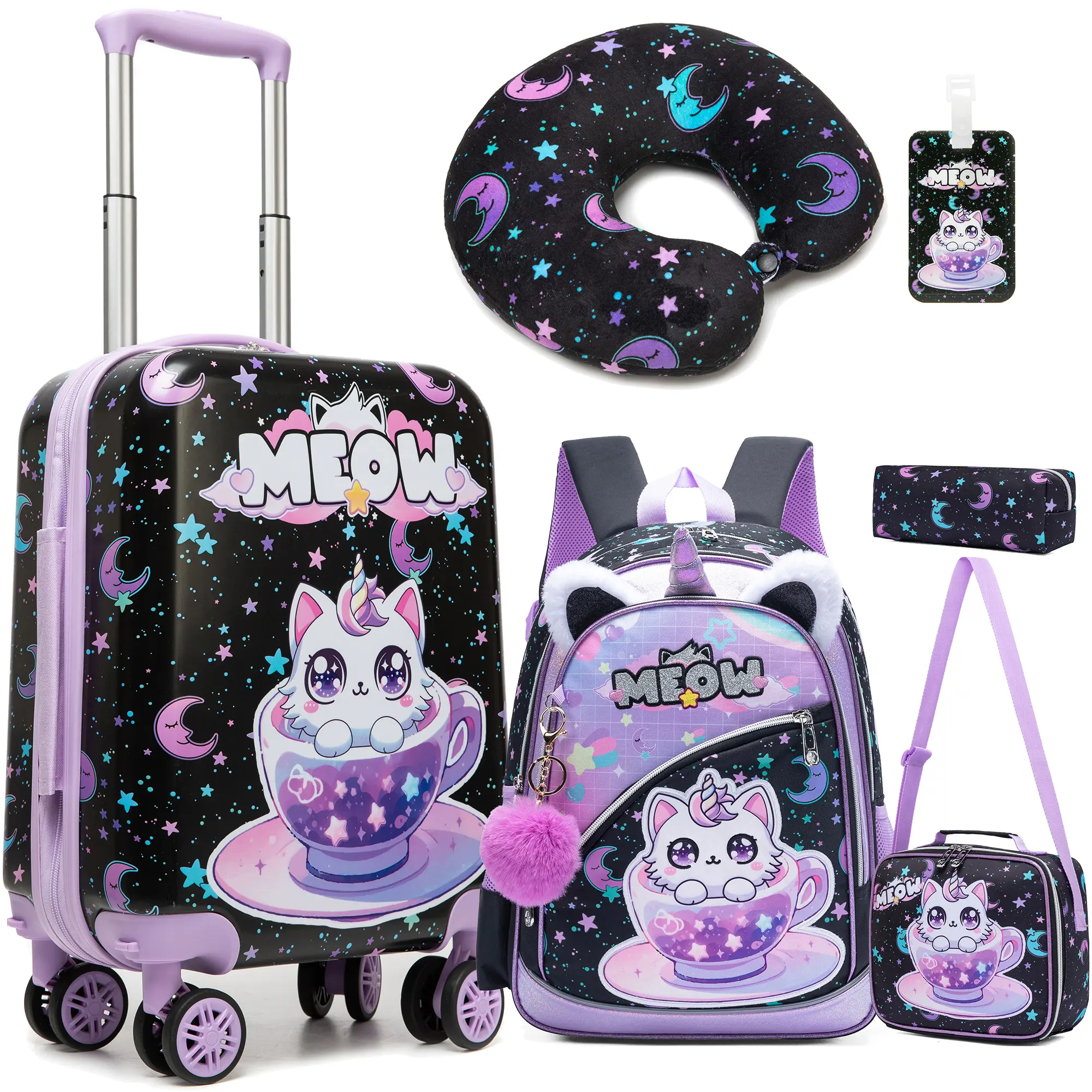 Girls' Cute Purple-Black Unicorn Kitten Hardshell Luggage 5-Piece Set, Kawaii Rolling Carryon Suitcase with Matching Plush Backpacks for Girls, Lunch Bag & Pencil Case, Kids Travel Combo 2026