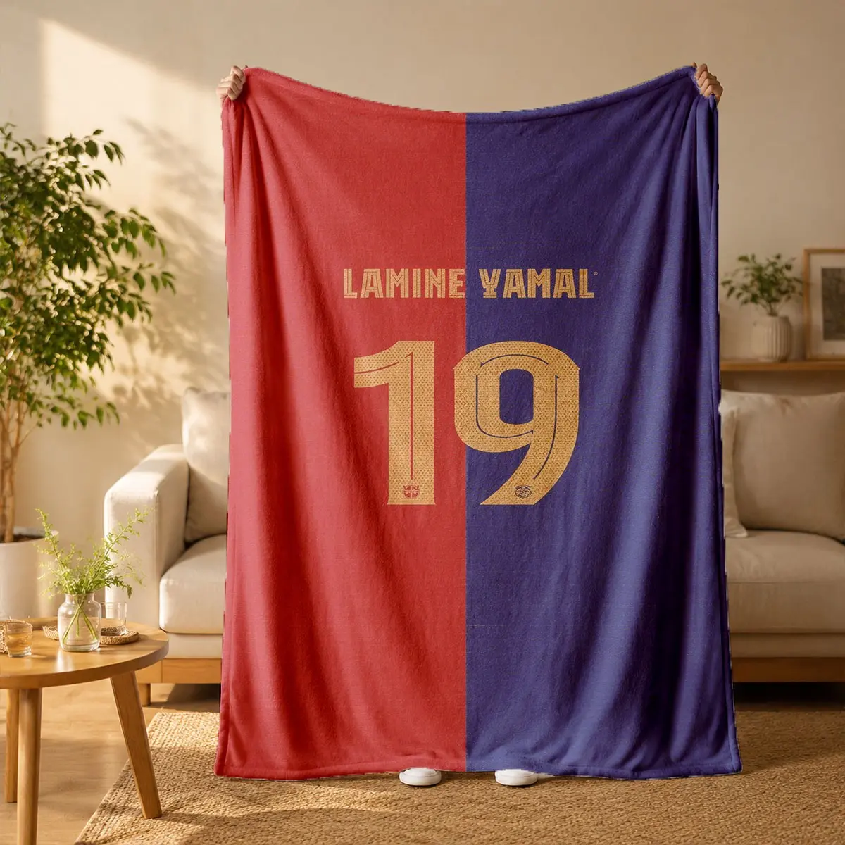 Lamine Yamal No.19 Barcelona Red-Blue Split Print Microfiber-Poly Flannel Blanket, Wrinkle Resistant, Breathable Soft, Flat Weave, All-Season for Home & Travel (Beds & Couches), Christmas Thanksgiving-Birthday Decor