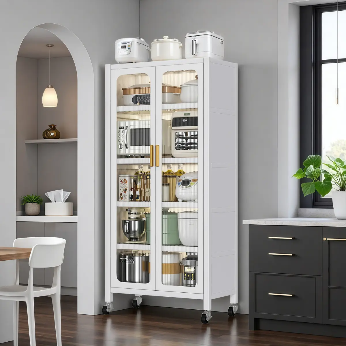[Bellemave] 65" Kitchen Pantry Storage Cabinet, 6 Tier Metal Display Storage Cabinet with Transparent Door, Adjustable Shelves & Wheels, Food Pantries Cabinets, for Kitchen, Living Room and Dining Room