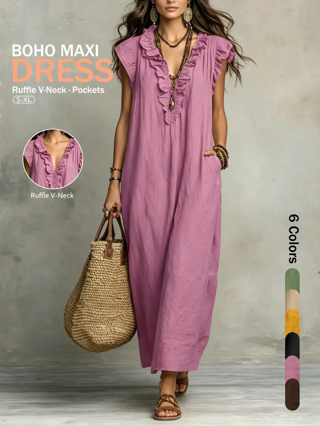 Women's V-Neck Ruffled Maxi Dress, Fashionable Flutter Sleeve Loose Fit Dress, Elegant and Comfortable Evening Wear, Perfect for Special Occasions