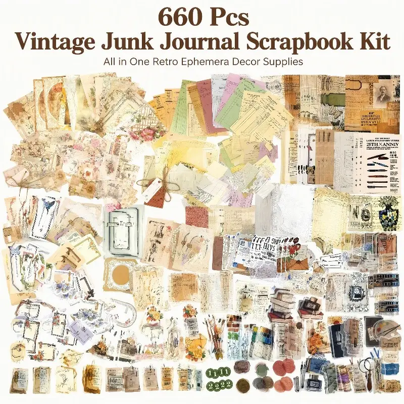 660 Pcs Vintage Junk Journal Scrapbook Kit All in One Retro Ephemera Paper and Stickers Assorted Floral Document Manuscript Decor Supplies for Journal Planner Collage Card Making DIY Handmade Crafts