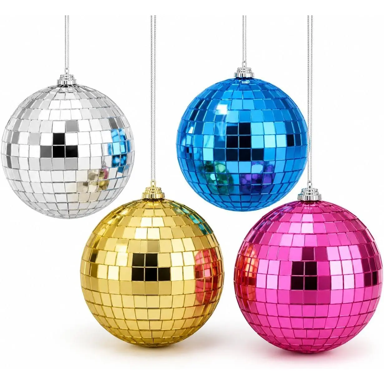 Disco Ball 4-Pack 4"  Christmas Decor | with String, Reflective Disco Christmas Décor, Indoor & Outdoor Use, Holiday Parties,  Christmas Disco Decorations