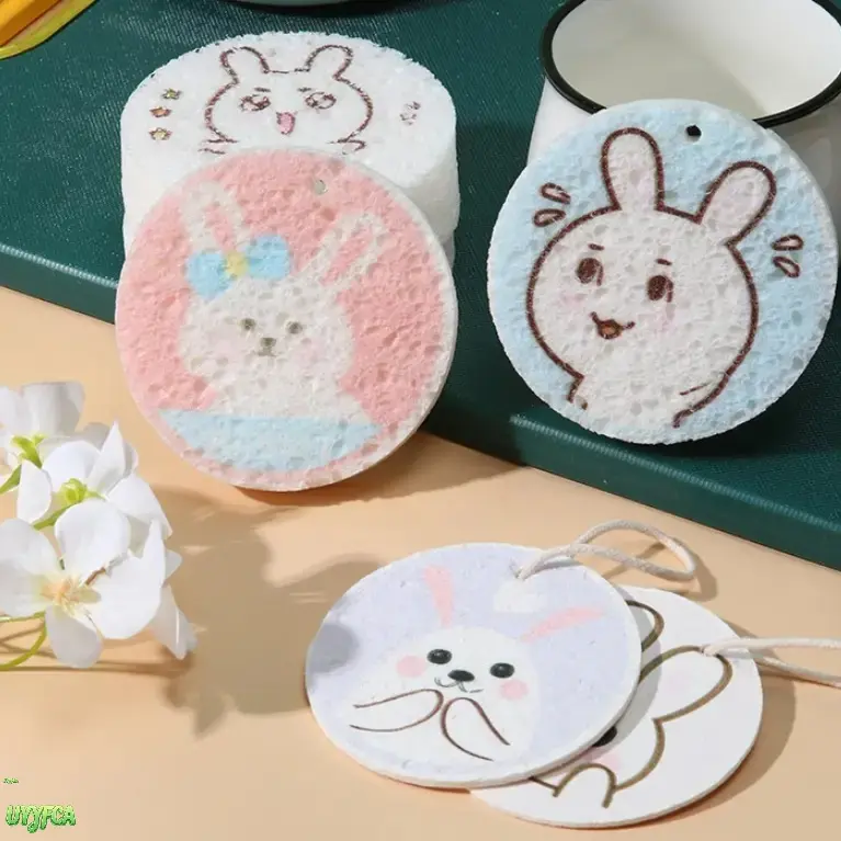 Cute Cartoon Rabbit Compressed Wood Pulp Dish Sponge, Expandable Absorbent Non Scratch Kitchen Cleaning Scrub Pad, Oil Stain Removing Reusable Sponge With Hanging Rope For Dish Pot Cup Sink Household Kitchen Daily Cleaning,beach outfits,summerwins