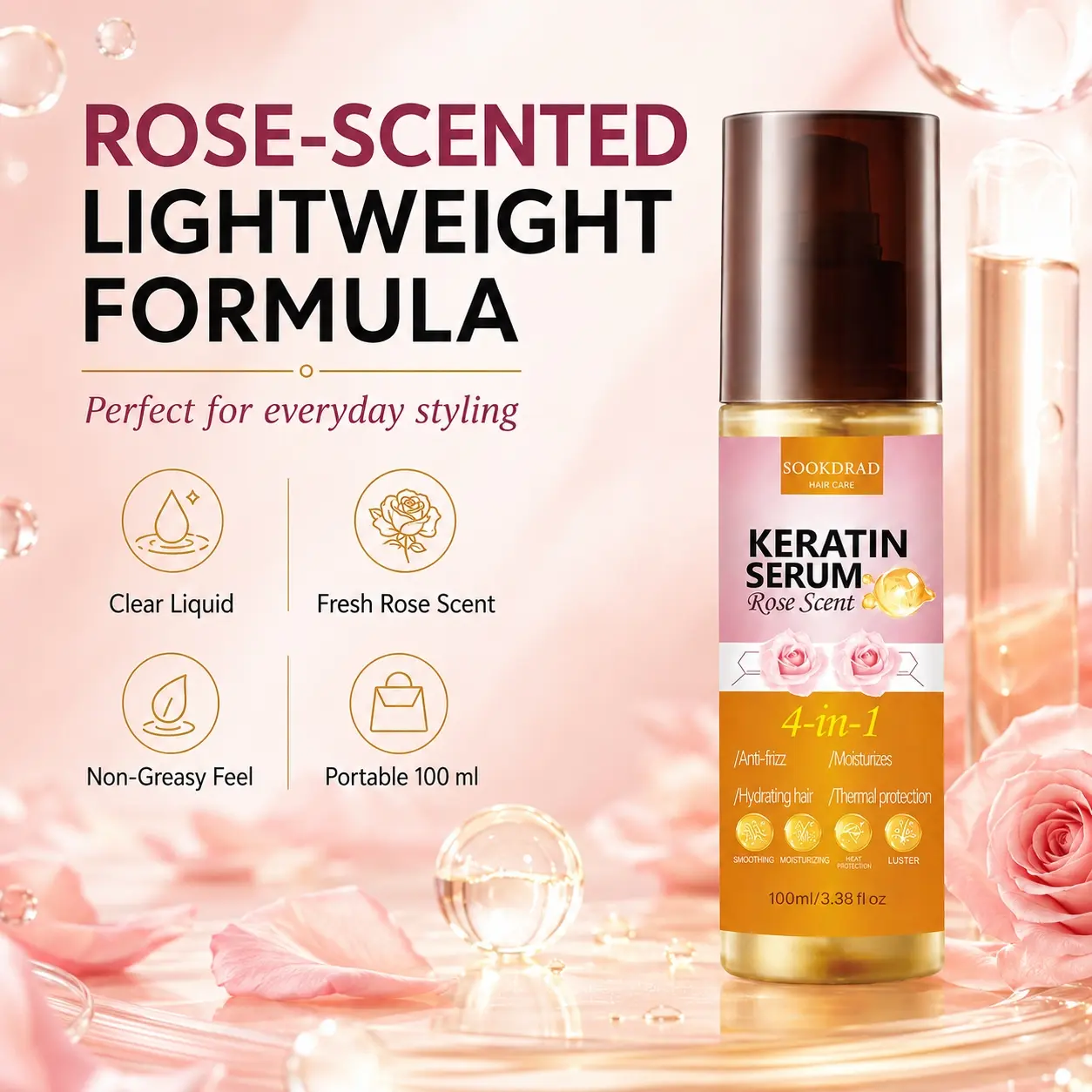 Keratin Serum, with keratin, rose scent, anti-frizz, moisturizing, hydrating hair, thermal protection, smoothing, luster, for hair, 100ml/3.38 fl oz