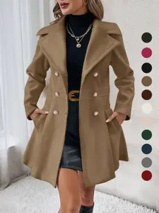 2026 Spring Summer Women's Long Sleeve Coat, European Style Notched Lapel, Thick A-Line Pea Coat with Pockets, Fashionable Woolen Jacket Outerwear