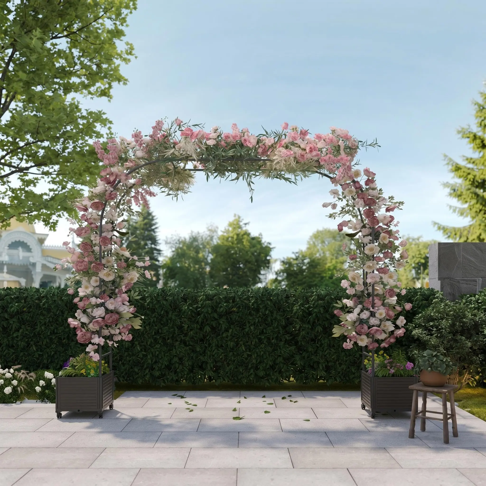 GARVEE Garden Arch with Planter and Wheels, 220x40x240cm, Weather-Resistant and Rustproof Trellis for Climbing Plants and Roses, Mobile Support for Patio and Balcony
