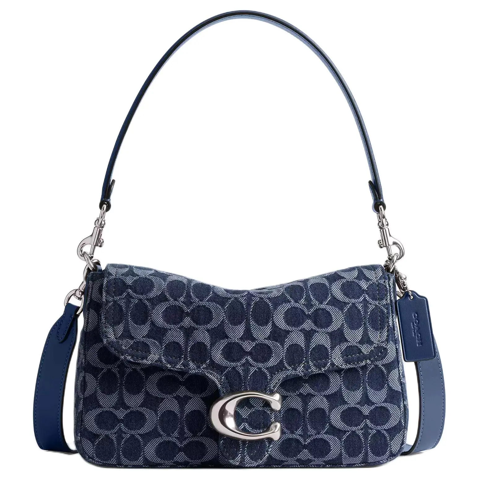 Coach Tabby 25 Detachable Strap Denim Crossbody Bag for Women, Silver Logo Snap Closure, Medium, Deep Blue