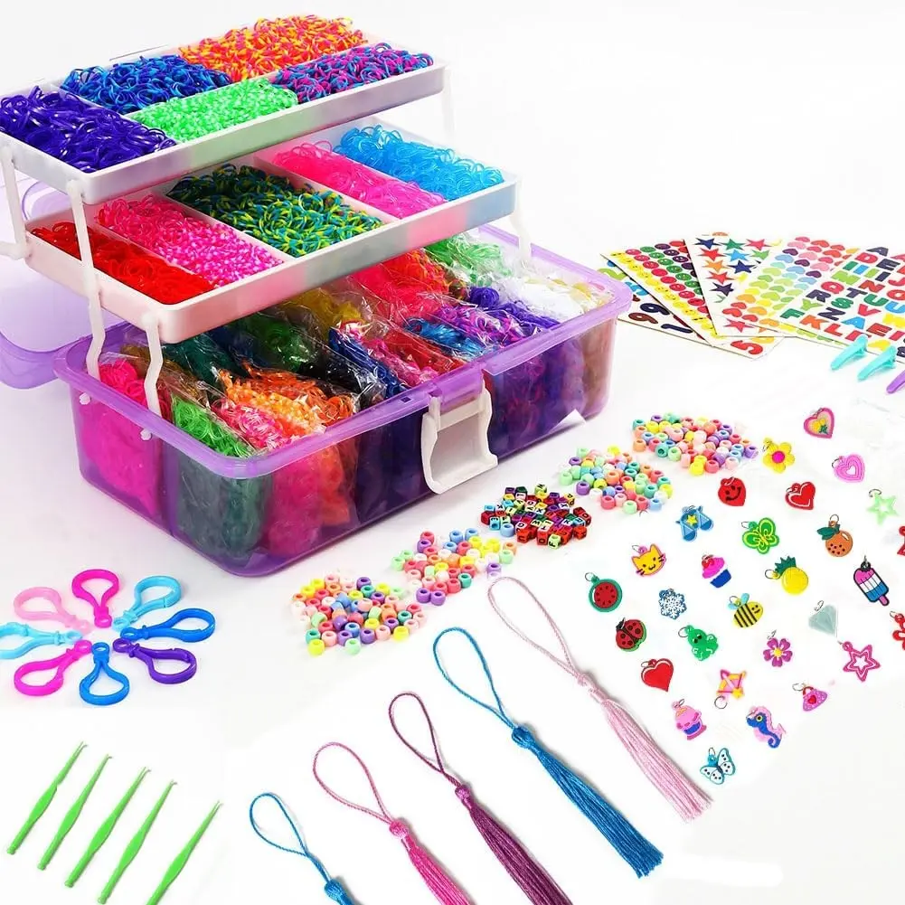 15000+ Rubber Loom Bands, Mega Rubber Bands Bracelet Kit,Loom Bracelet Making Kit with 3 Layer Container,30 Colors,380 Beads,30 Charms,Clips, Hooks Tools for DIY Art Holiday Gift