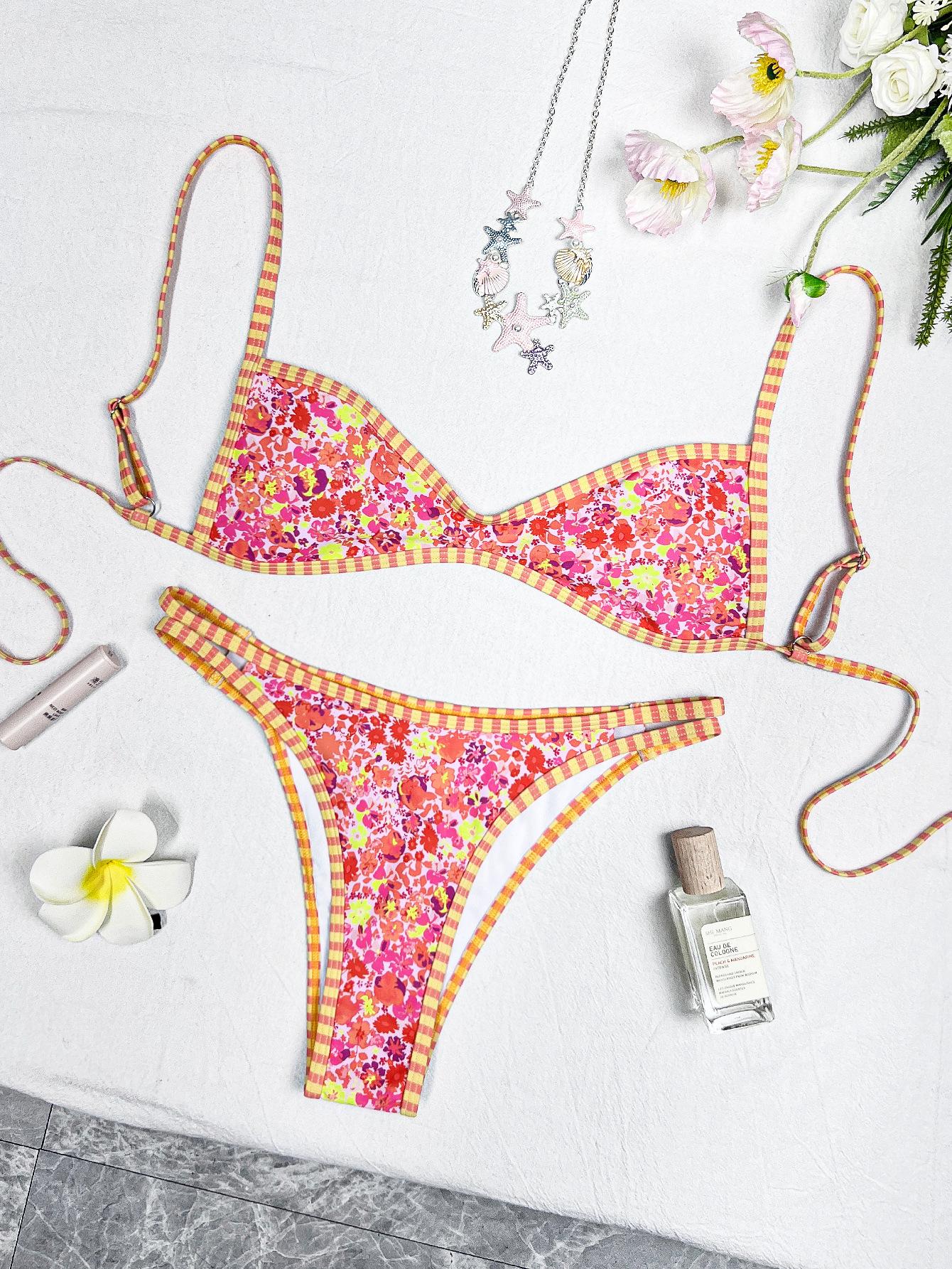 Bikini one-piece with a halter top and back tie - Pink and Blue Patterned Bikini Set for Women