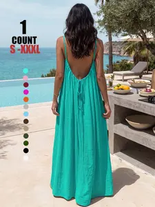 Women Summer Beach Maxi Dress, Sundress, Thin Spaghetti Strap, Crinkle Fabric, Loose Flowy, Deep Low Open Back, Back Tie Detail, Lightweight Casual