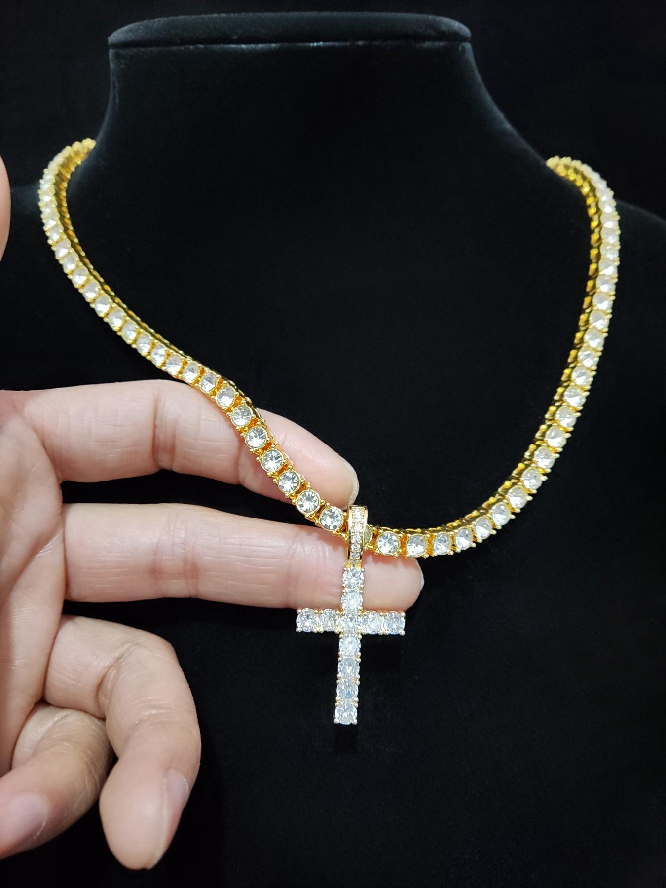 Artificial Zircon Inlaid Cross Pendant Necklace, Punk Style Necklace for Party, Daily Decor, Trendy All-match & Exquisite Hip Hop Jewelry for Birthday Gift, Zirconia Cross Pendant