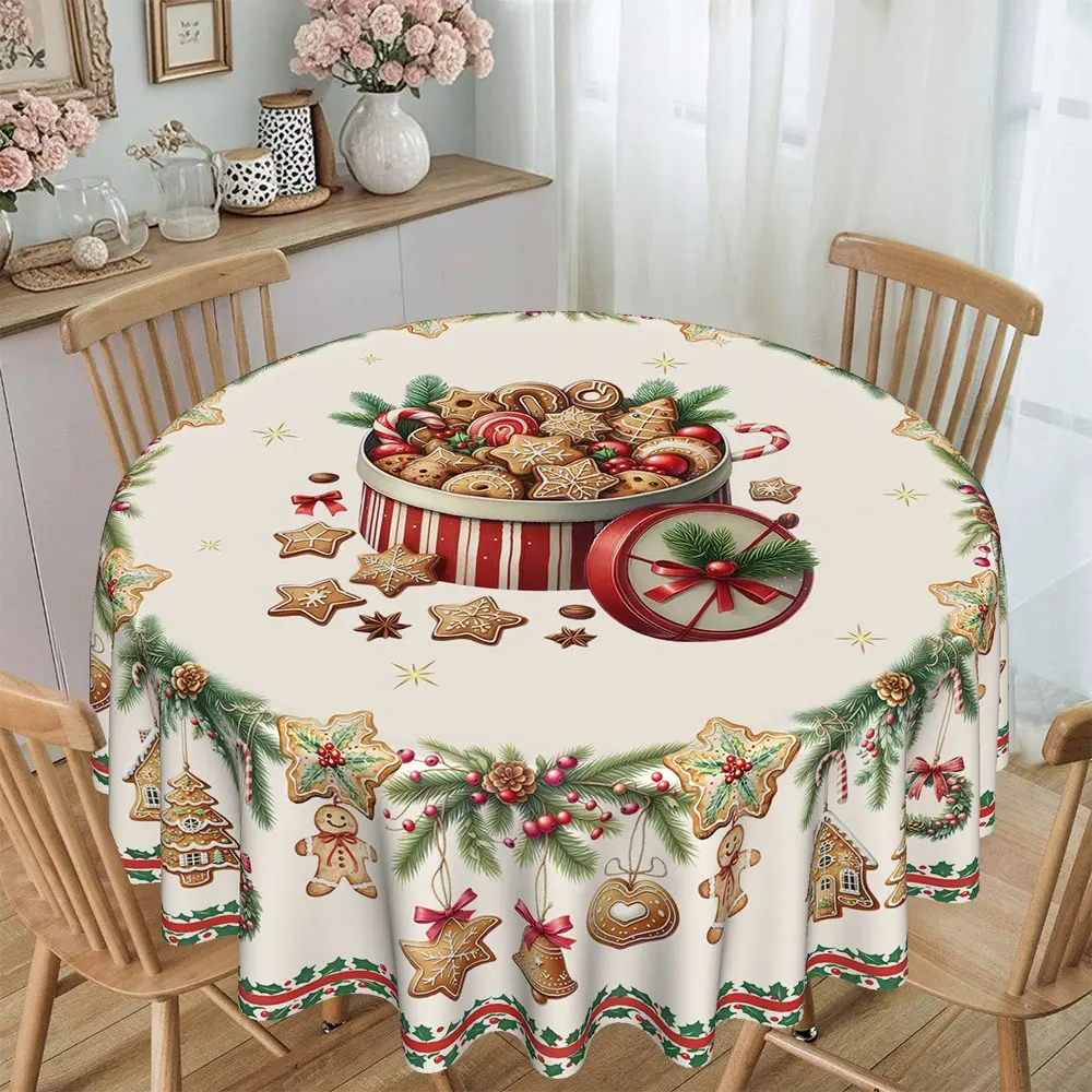 Christmas Cartoon Gingerbread Print Round Tablecloth, Polyester Material, Party Decor, Home & Restaurant Use, Winter Warm Decoration