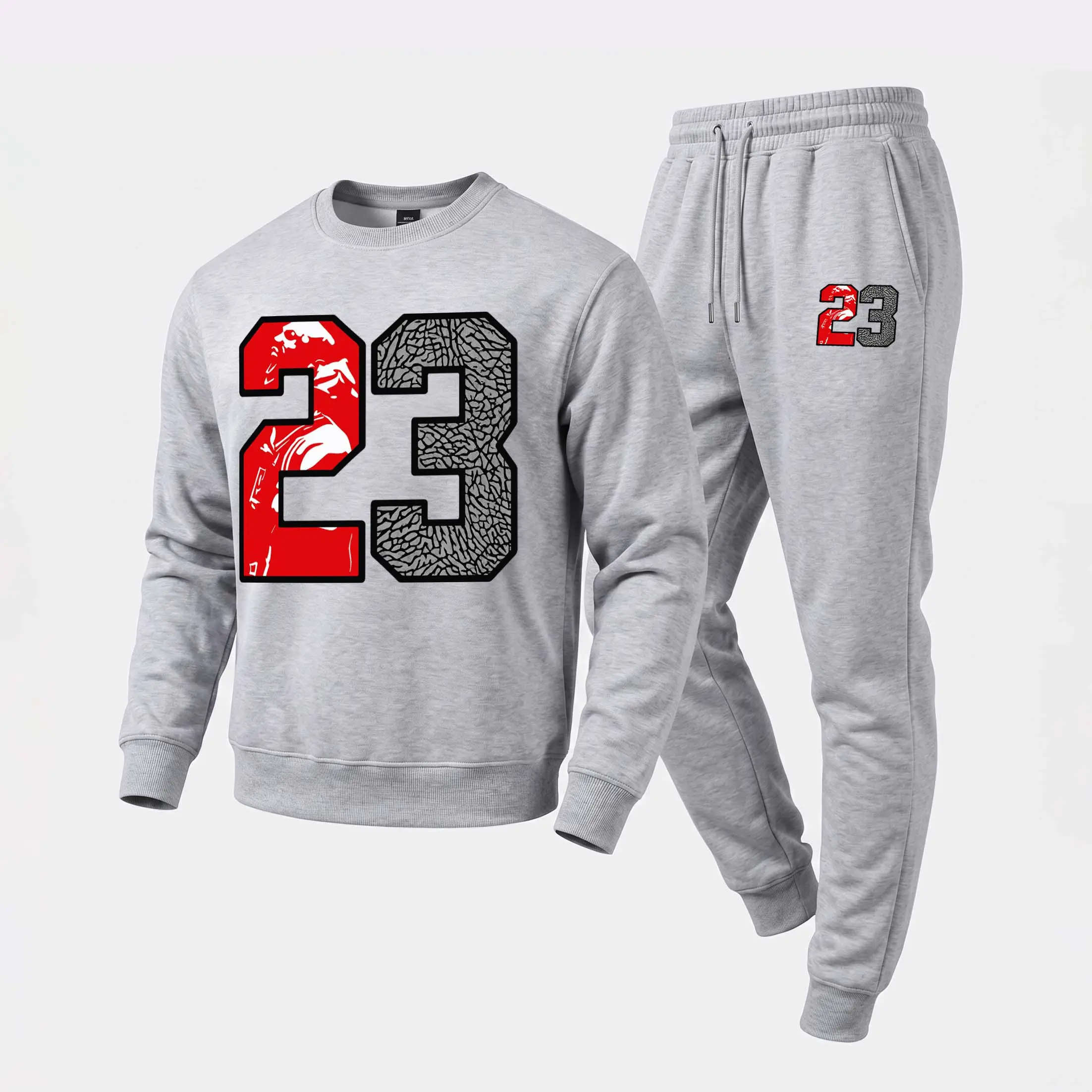 Men's 23 Basketball Graphic Crewneck Sweatshirt and Jogger Pants Set, Casual Long Sleeve Pullover with Drawstring Sweatpants, Fall Winter Tracksuit for Daily Wear, Travel, Lounge, Workout and Indoor Outdoor Activities