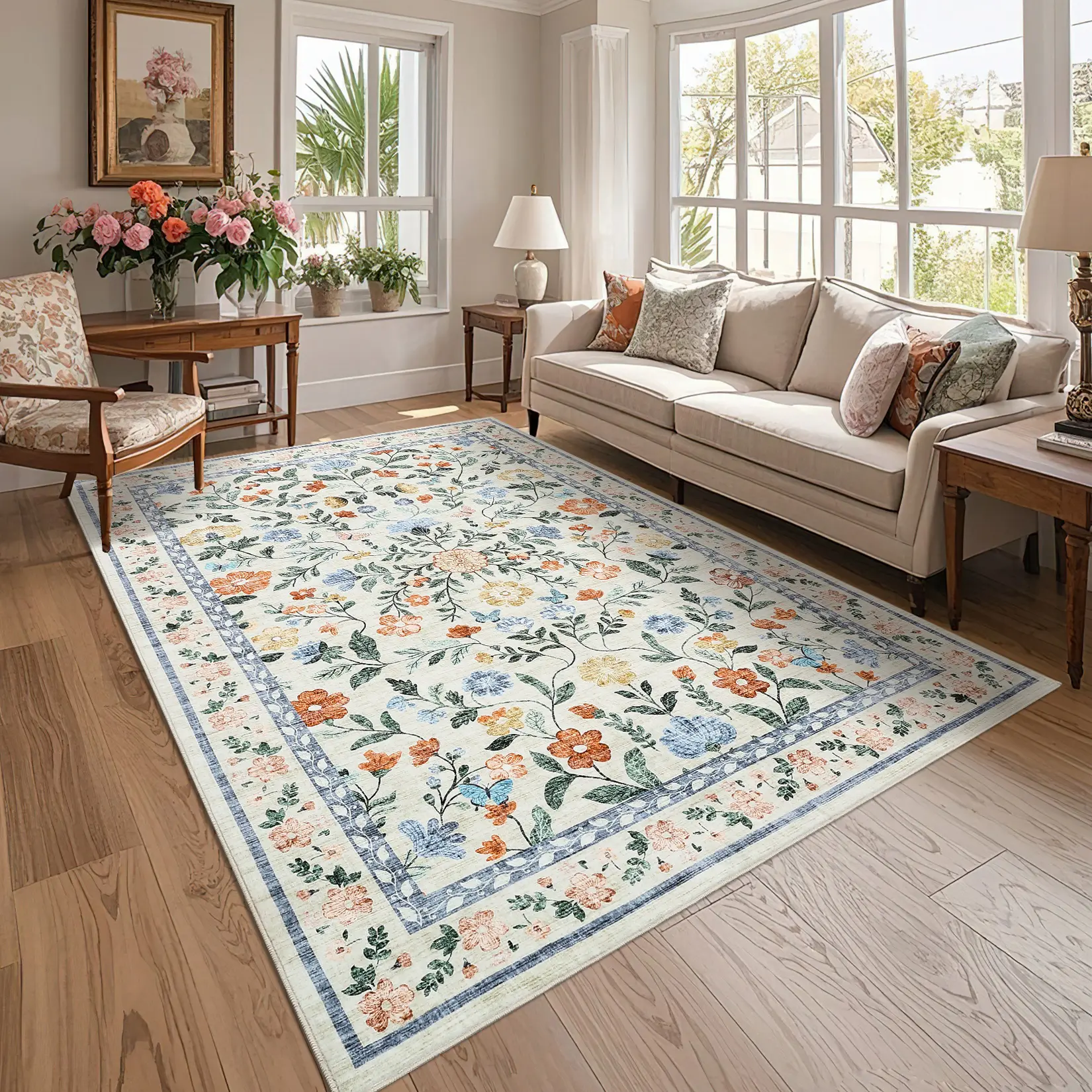 Vintage Distressed Floral Printed Area Rug, Ultra Thin Foldable Soft Lint-Free Stain-Resistant Non-Slip Washable Decor Rug for Apartment Farmhouse Dining Room Living Room Kids Bedroom Indoor Decor