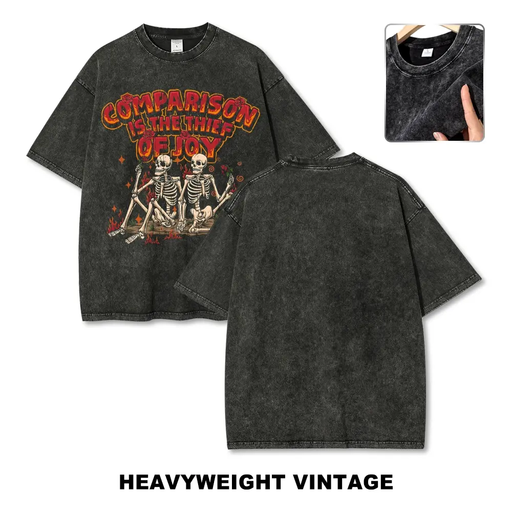 Retro Quote Skeleton T-Shirt Mineral Wash - Unisex Oversized Heavyweight Graphic Tee, Aesthetic Comparison Is The Thief Of Joy Streetwear