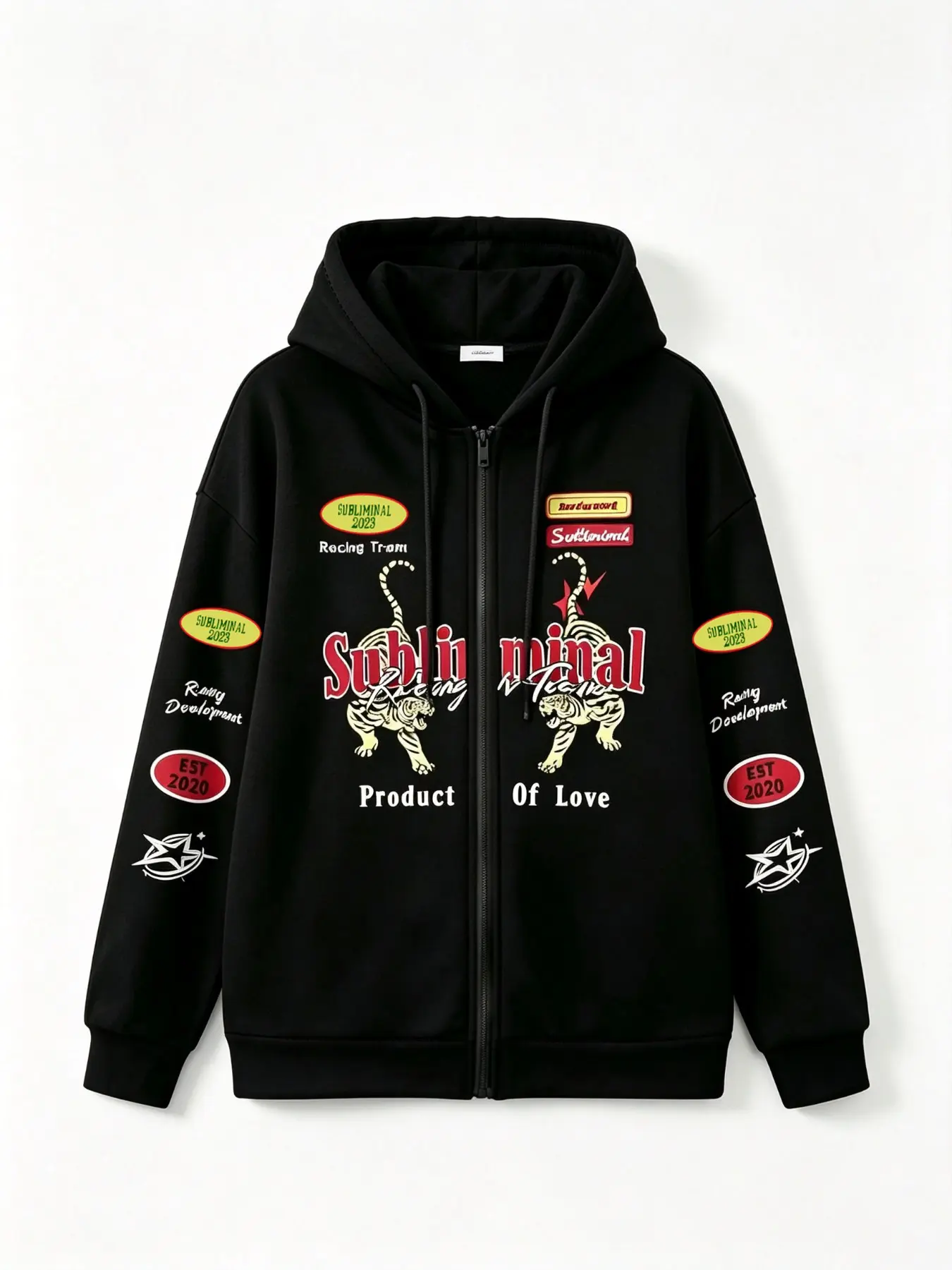 American Vintage Tiger Print Zipper Hoodie, Racing Badge Patch Loose-Fit Drop Shoulder Sweatshirt, Casual Long Sleeve Women's Outerwear