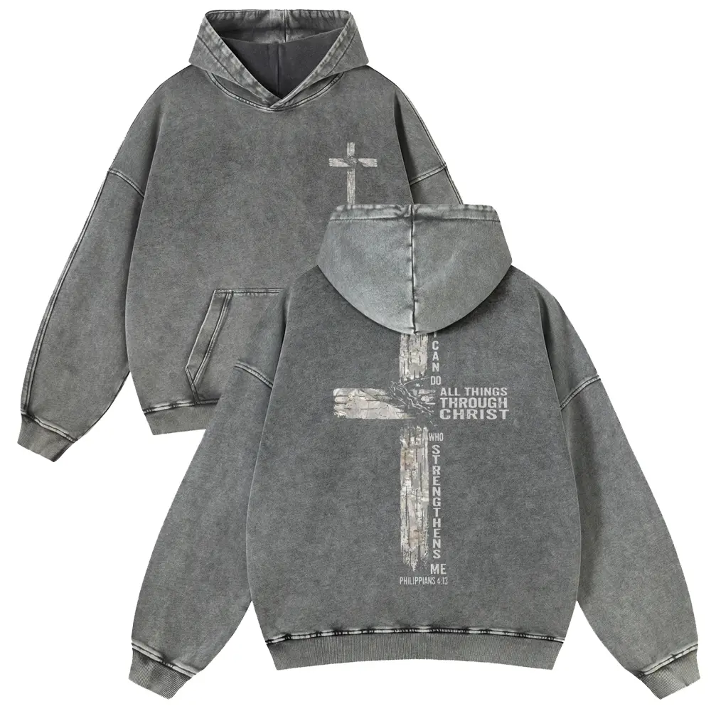 Christian Cross Hoodie with Philippians 4:13 Verse, Unisex Heavyweight Acid Wash Cotton Blend Casual Streetwear, Fit, Spring, Thick, Christian Clothing