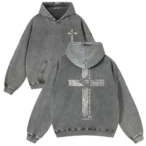 Vintage Philippians 4:13 Christian Cross Hoodie Oversized Heavyweight Acid Wash Sweatshirt, Unisex Charcoal Bible Verse Faith Retro Streetwear Top