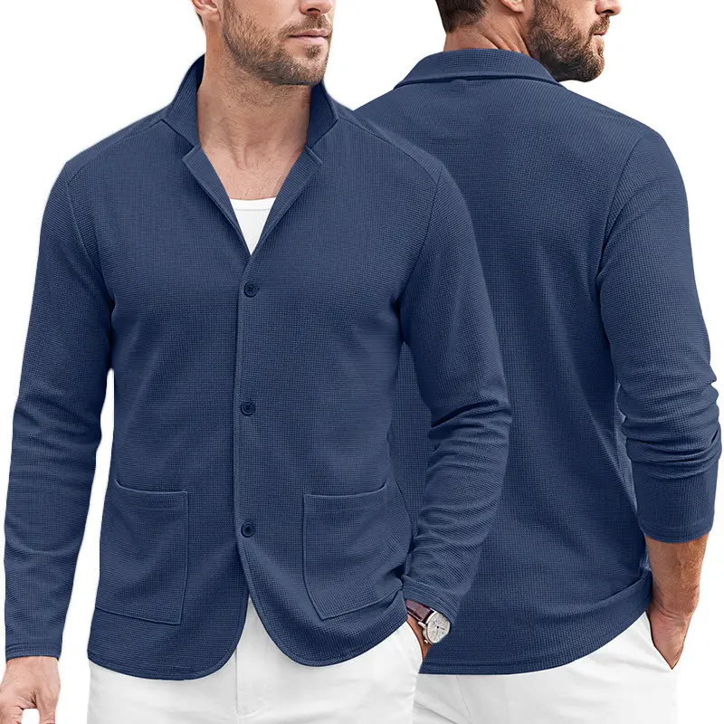 Men's Waffle Knit Blazer Collar Cardigan, Single‑Breasted Two‑Pocket Business Casual Long Sleeve Outerwear Jacket Knitwear Menswear Tops Beige depop jackets