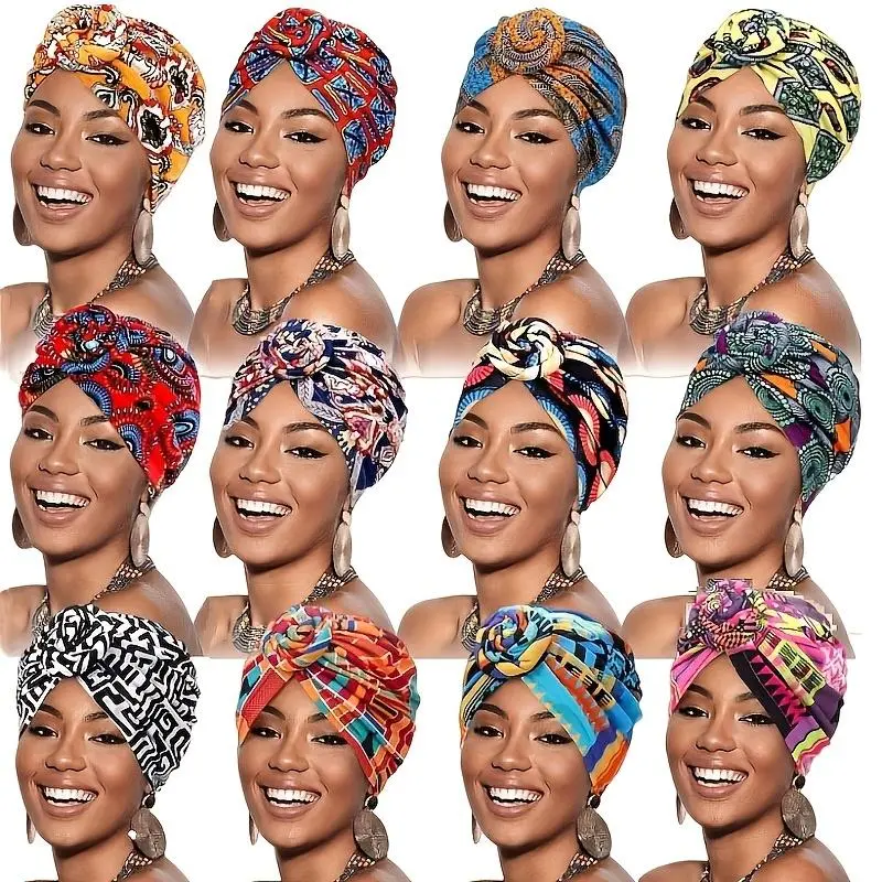 Pre-tied Head Scarves for Women, 6 Pcs Knot Turban Set with African & Floral Prints, Stretch Hair Scarf for Casual Daily Wear, Graphic Bandana, African Hair Wrap