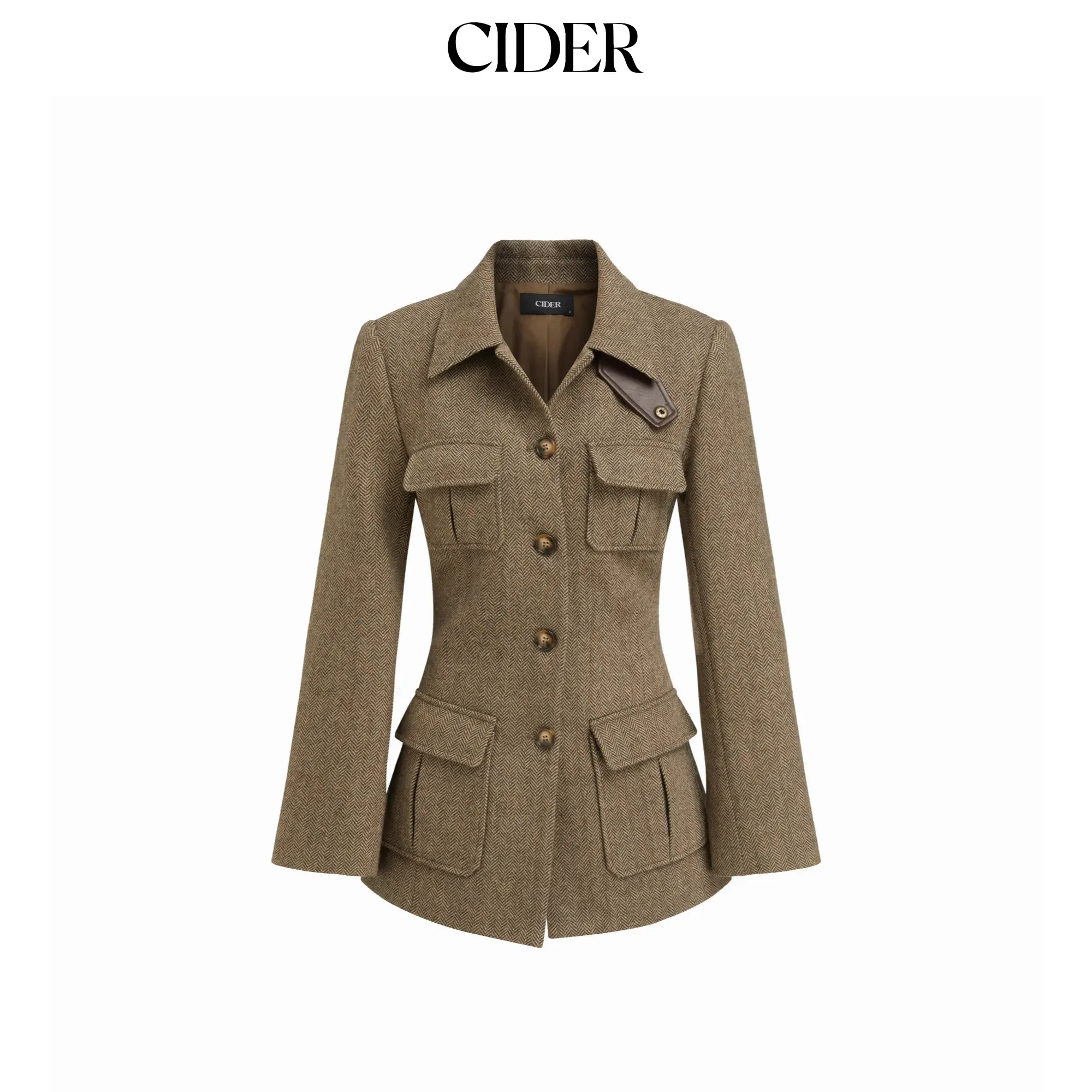 Cider Wool-look Collar Button Pocket Cinched Waist Jacket