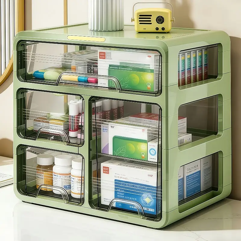 Stackable desktop storage box with drawer, stackable desktop drawer rack with divider shelves, detachable office organizer drawer type storage unit with handle, suitable for storing stationery, medicine, handicrafts, cosmetics, and avocado green