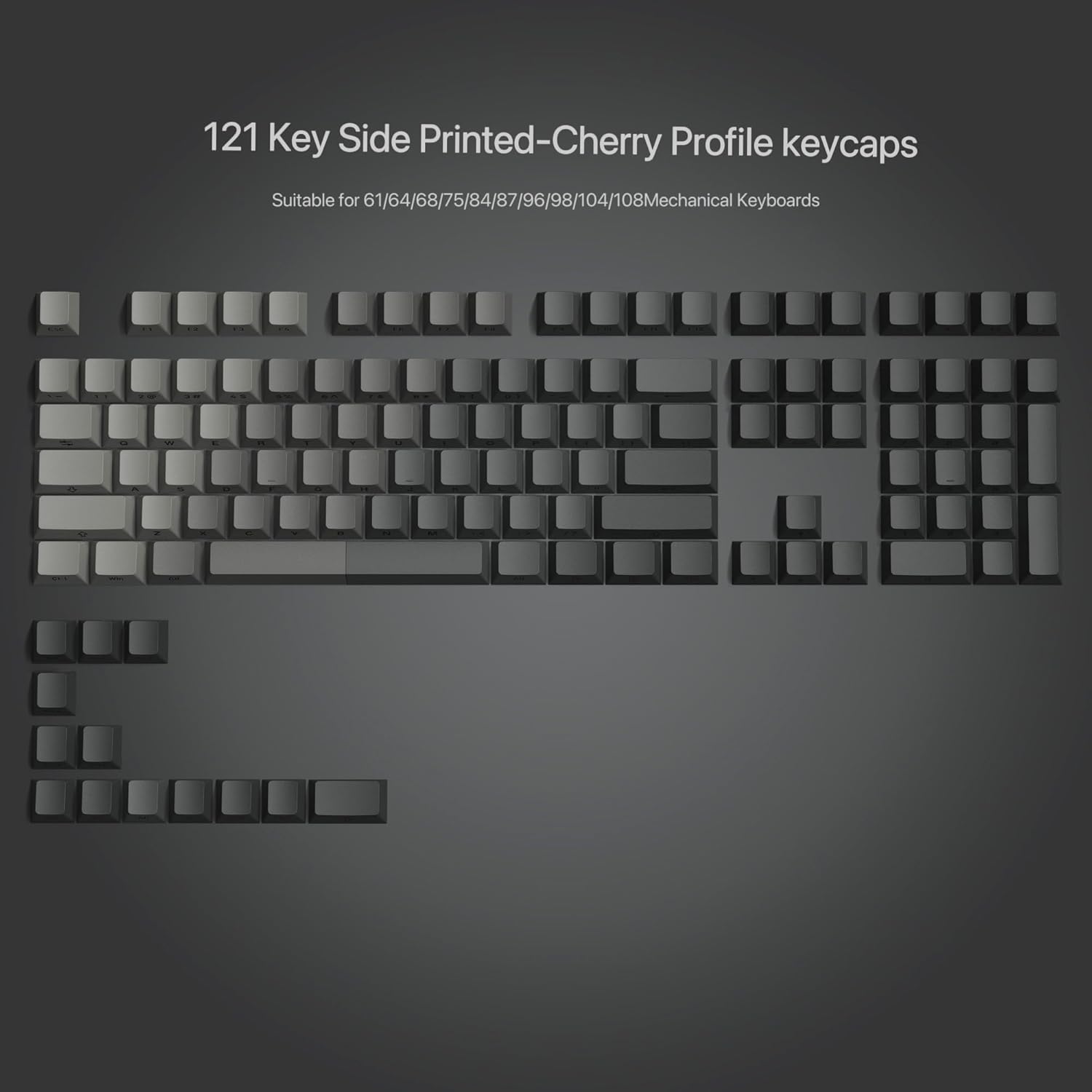 Double Shot PBT keycap set,Shine Through keycaps 75 percent, Cherry Profile custom Key caps,Gradient Dark Grey,Side Printed Keyboard caps for Mechanical Gaming Keyboards(121key,only keycaps)