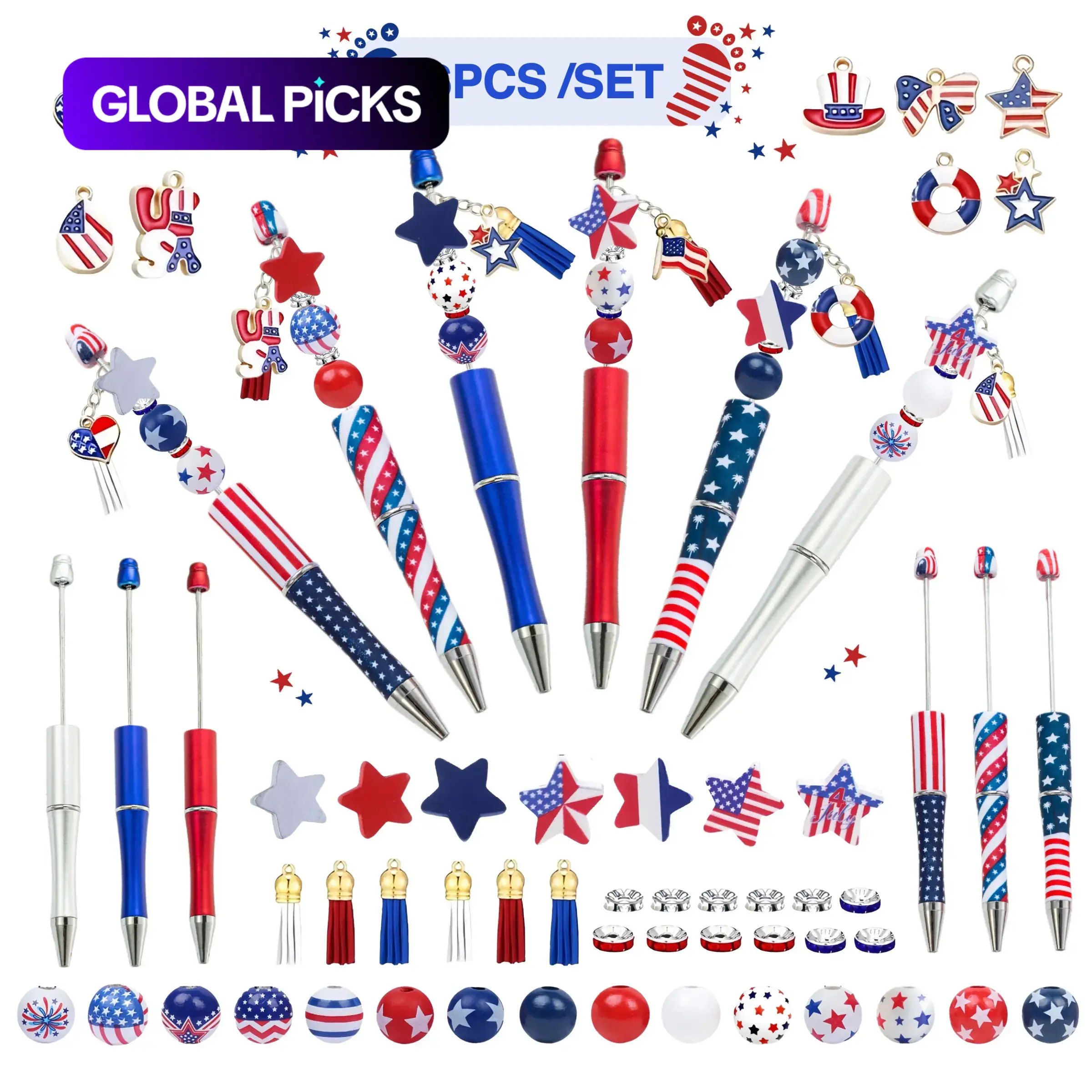 Independence Day themed DIY Beaded Pen Set, 6 Counts/set DIY Wood Beaded Pen&Star&Glitter Pendant&American Flag, Independence Day creative themed stationery, office and study stationery, and holiday gifts, Unique Pens, Novelty Pens #GLOBAL PICKS