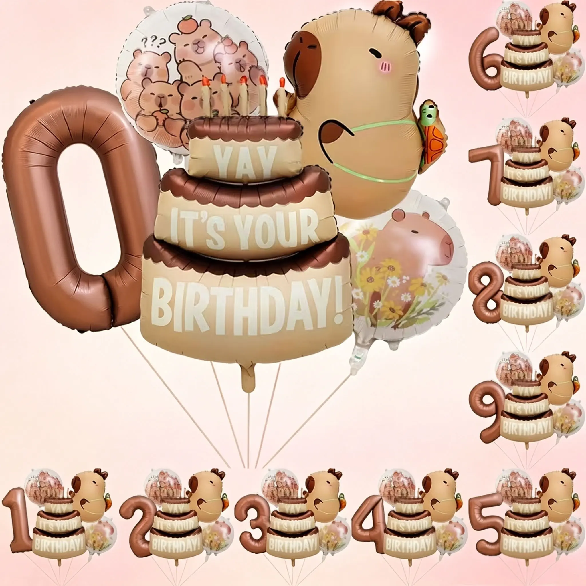7-Piece Capybara Birthday Balloon Set, Includes 32-Inch Chocolate Color Number Mylar Balloons,Cake balloons, capybara carrying turtle balloons, suitable for children’s birthday decorations, forest/ picnic-themed parties, children’s room decor