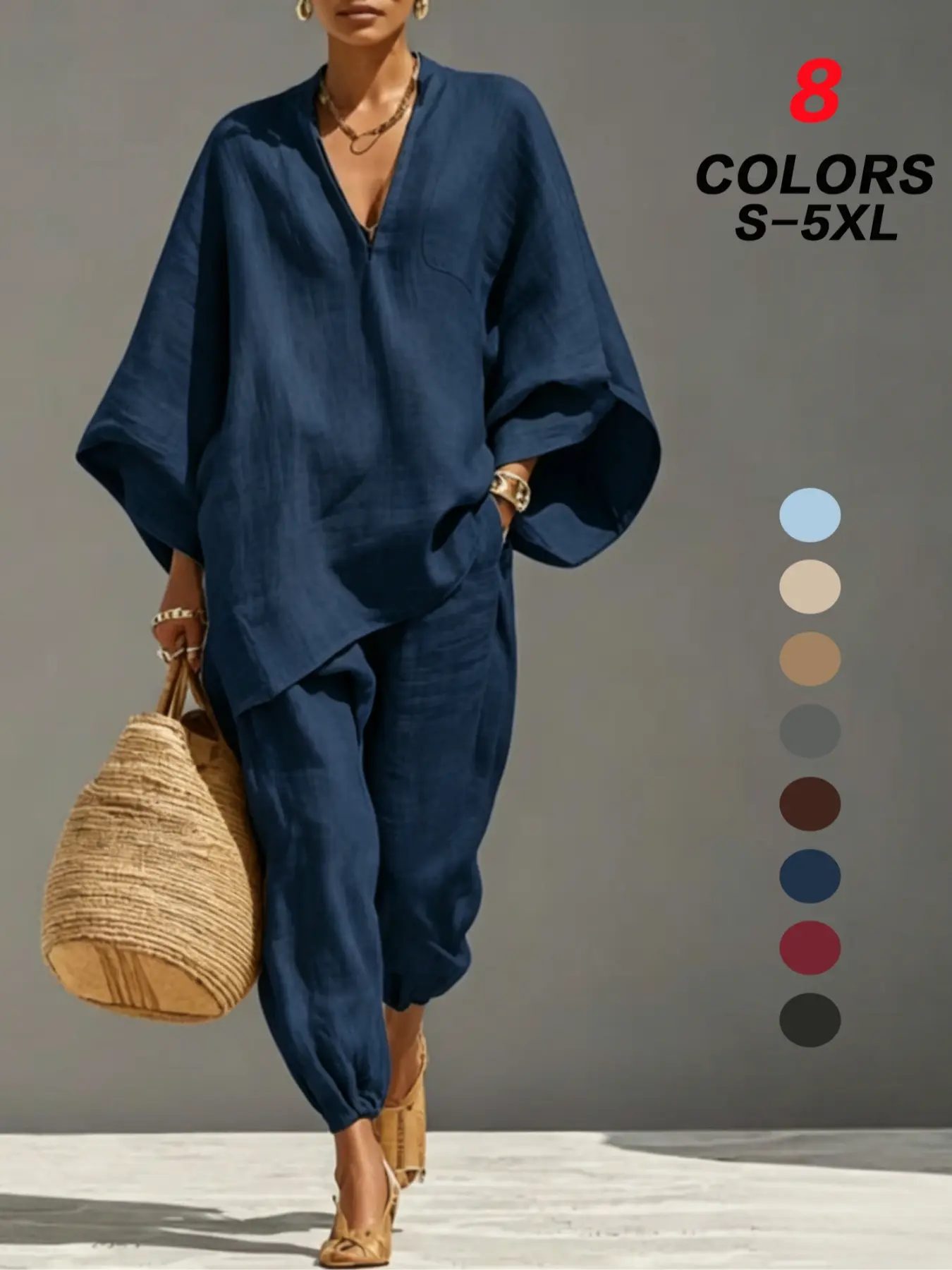 Women's Casual Batwing Sleeve V-Neck Loungewear Set, Oversized Baggy Long Pants Outfit for Vacation and Daily Wear