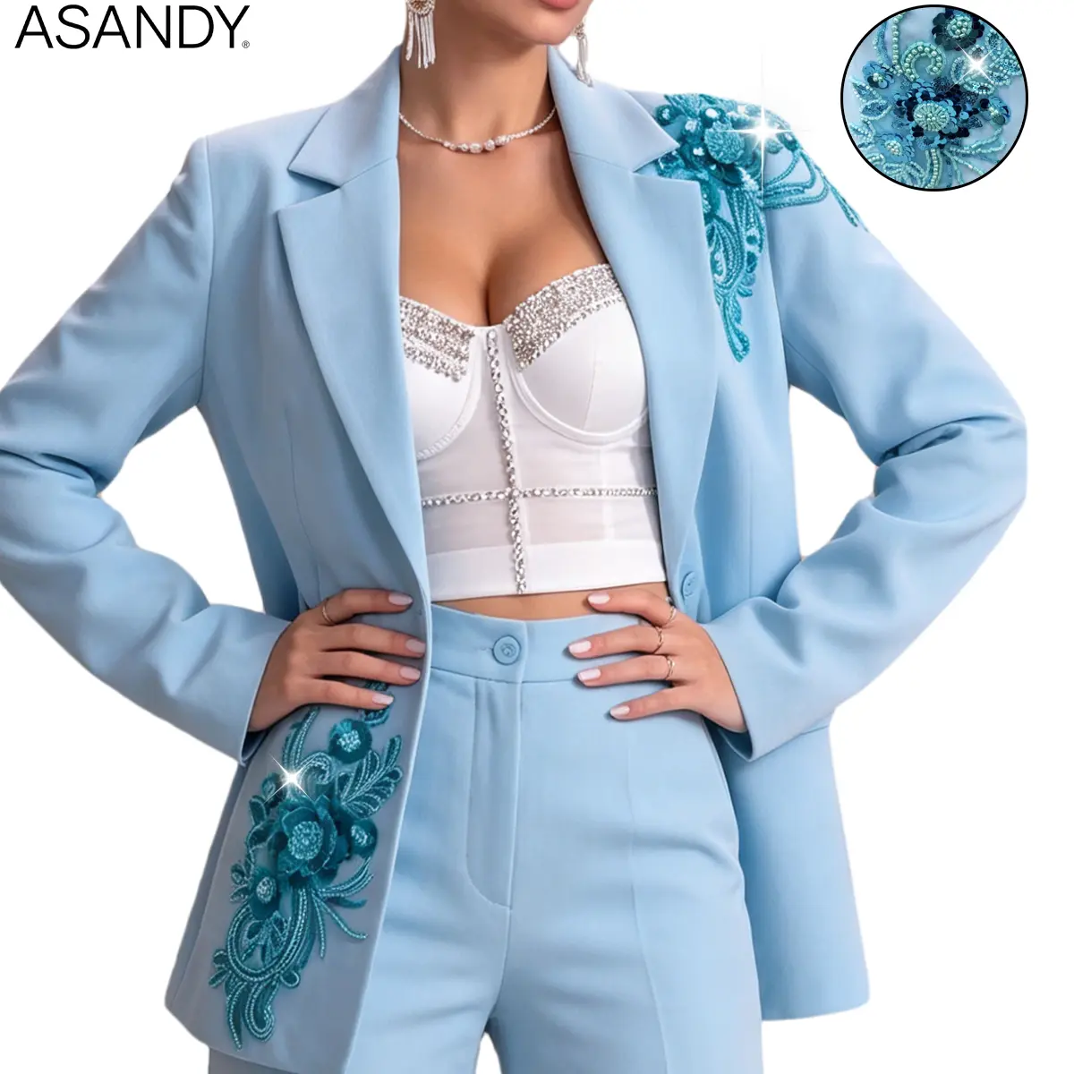 Women's Elegant Beaded Floral Applique Long Sleeve Tailored Fit Blazer - Light Blue Polyester Formal Jacket with Tailored Lapel, Sequin Rhinestones, for Chic Party Special Occasion Outerwear