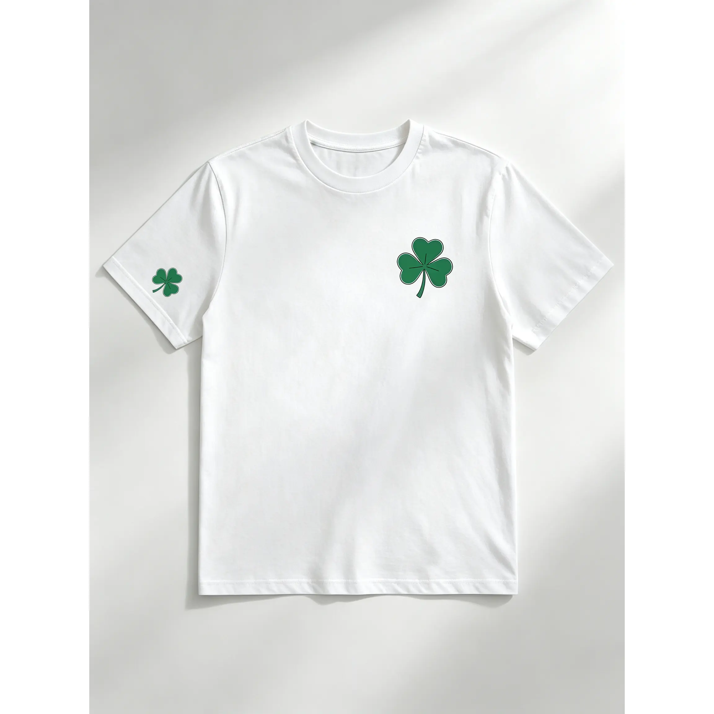 Men's 100% Cotton Classic Crew Neck Short-Sleeve T-Shirt, Minimalist Green Shamrock St. Patrick’s Day Graphic Tee with Front & Sleeve Prints, Irish Lucky Aesthetic Streetwear Top, Good-Luck Novelty Gift for Casual Daily Wear
