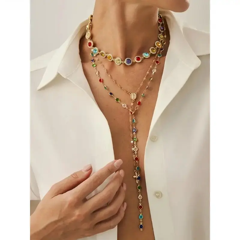Women's Boho Retro Layered Necklace Set, Alloy Chains with Colorful Crystal Accents for Vacation and Daily Wear, Female, Layered Necklaces, Stackable Necklace