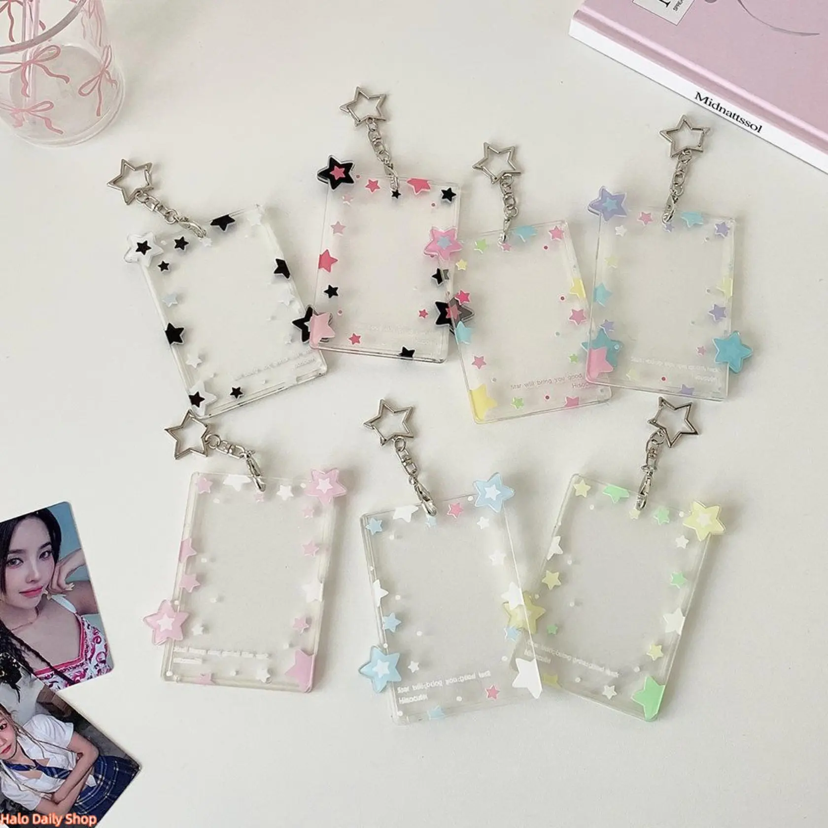 Pastel Star Clear Acrylic Photocard Holder with Star Keychain Cute Kpop Idol Photo Card Protector Sleeve homeessentials