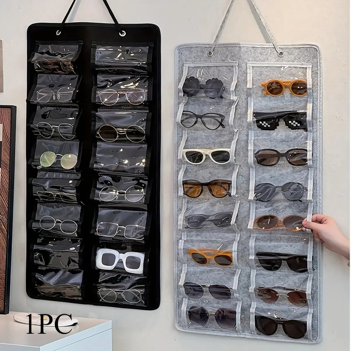 1 x Wall-Mounted Glasses Storage Bag – 16-Pocket Dustproof Nylon Multifunctional Hanging Organizer, Durable Grey Glasses Holder for Home & Office