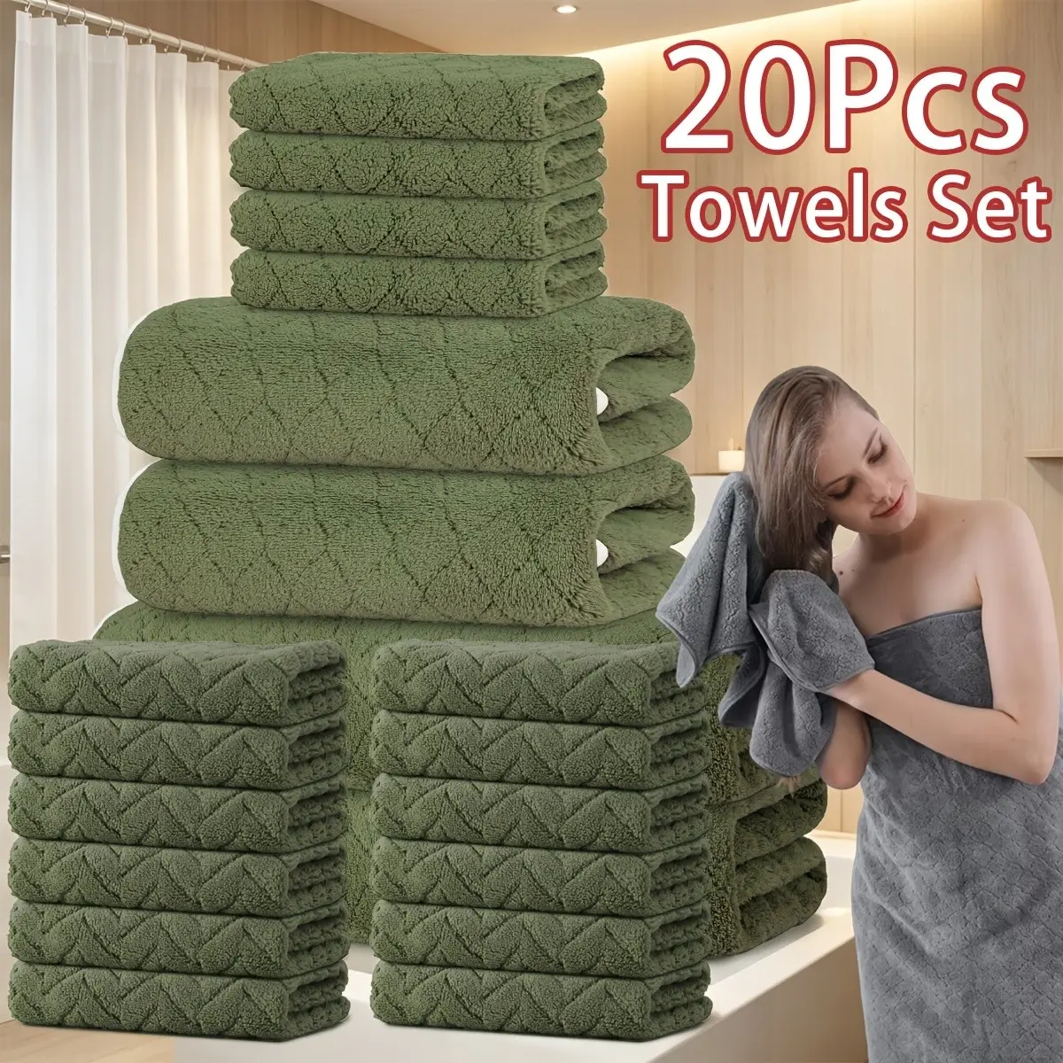 20pcs Luxury Towel Set • Large-Sized Towel Set • Including 2 Towels+2 Towels+14 Square Towels • Available in Multiple Colors • Highly Absorbent • Soft And Comfortable • Suitable for Bathroom, Travel, Hotel, Swimming, Sauna And Holiday Gif