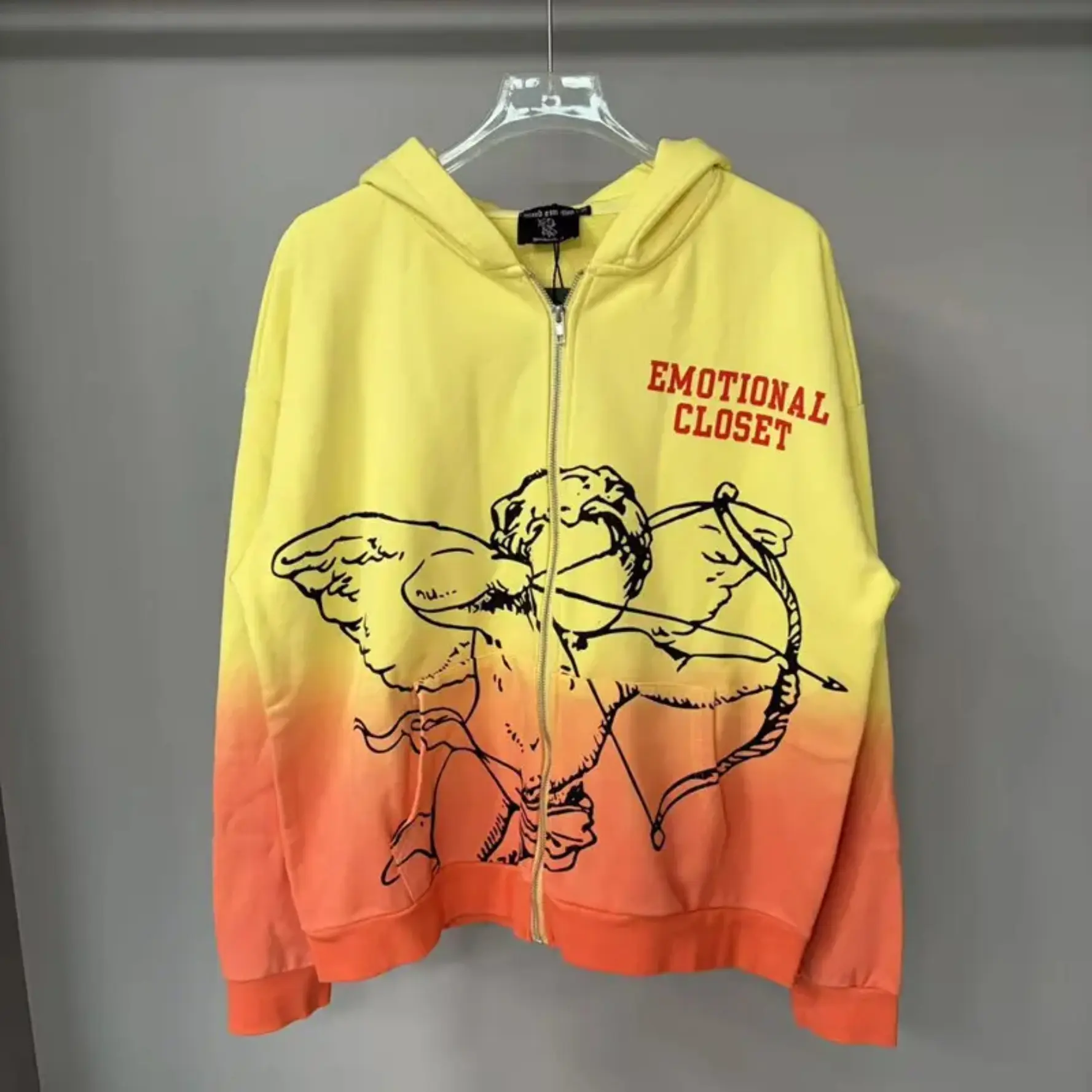 Mixed Emotion Yellow Orange Ombre Cupid Angel Zip Up Hoodie 100% Cotton Loose Oversized Y2K Graphic Hooded Sweatshirt Autumn Winter Streetwear Jacket Top Men Women Unisex