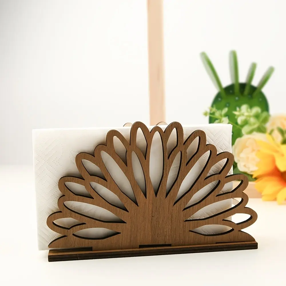 Vintage Wooden Peacock Feather Napkin Holder, Maple Leaf Design, Durable Wood, Convenient Paper Towel Storage, Ideal for Home Use