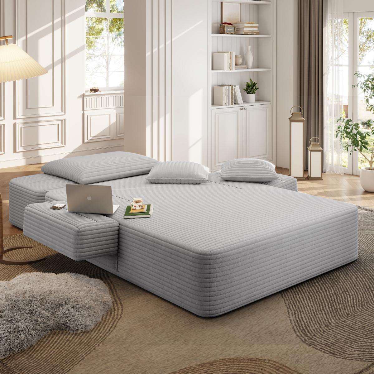 Luxurious Plush Corduroy Chaise Lounge with 3 Pillows, Convertible Sofa Bed with Storage Pocket, Frameless Design & Compression Foam for Small Spaces, Living Room, Apartment,Light Grey