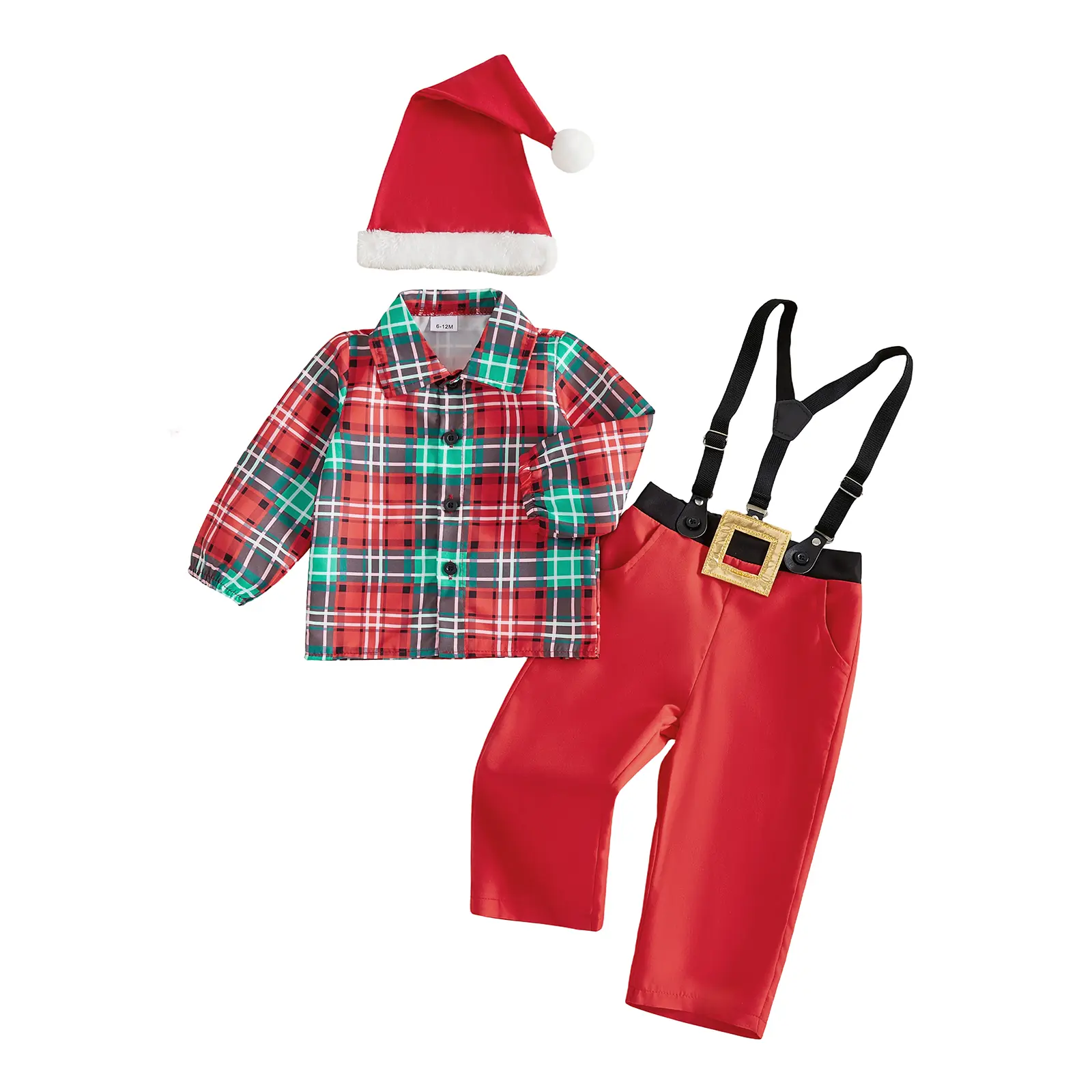 Toddler Baby Little Boys Christmas Outfits Long Sleeve Shirt + Suspender Pants + Hat Set Fall Winter 6M-4T