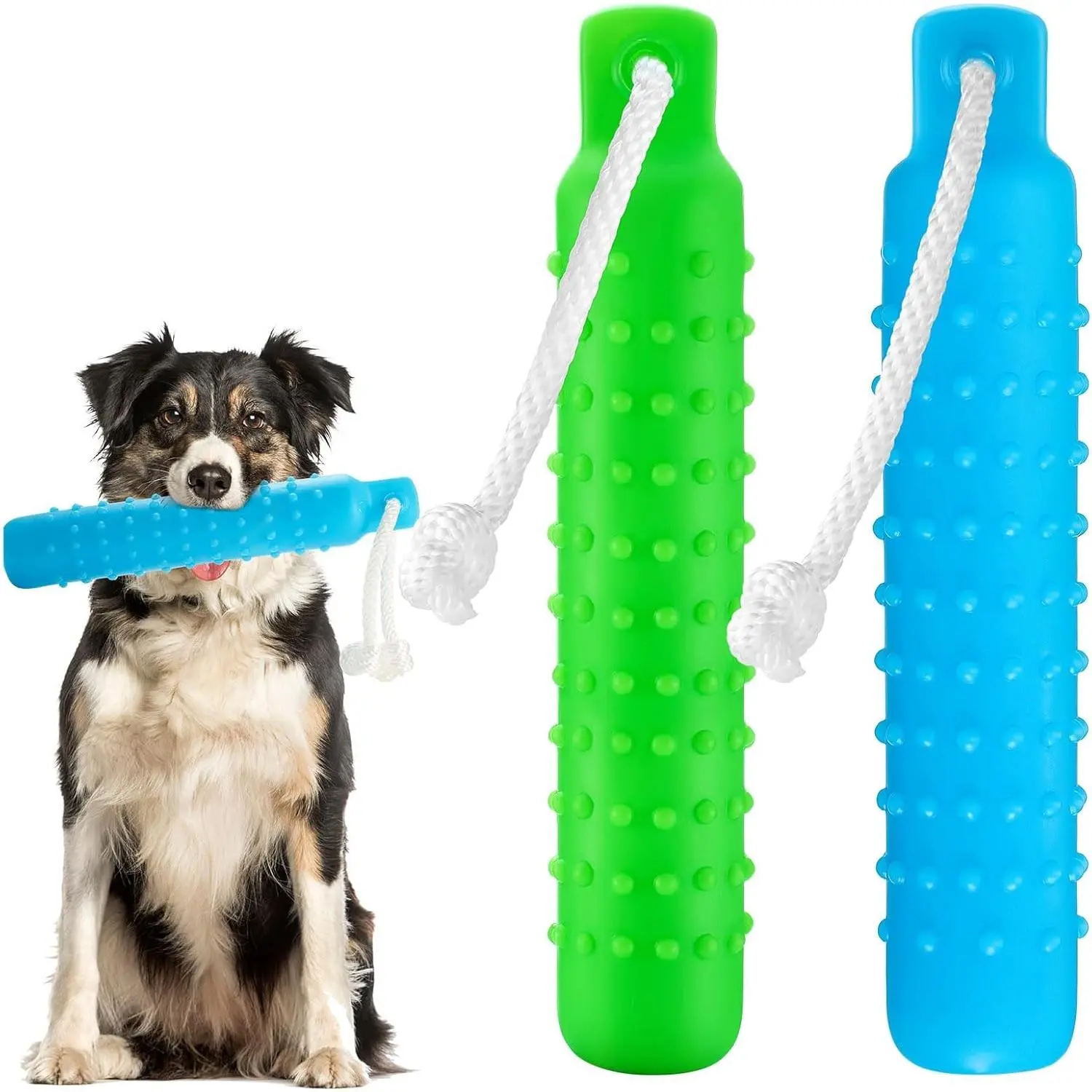 Blueweenly 2 Pcs Dog Float Bumper Toy Training Bumper, 11 x 2 Inch Puppy Retriever Dummy Lightweight for Float on the Water Pool Fetch Rope for Small, Medium, Large Dogs(Blue and Green)