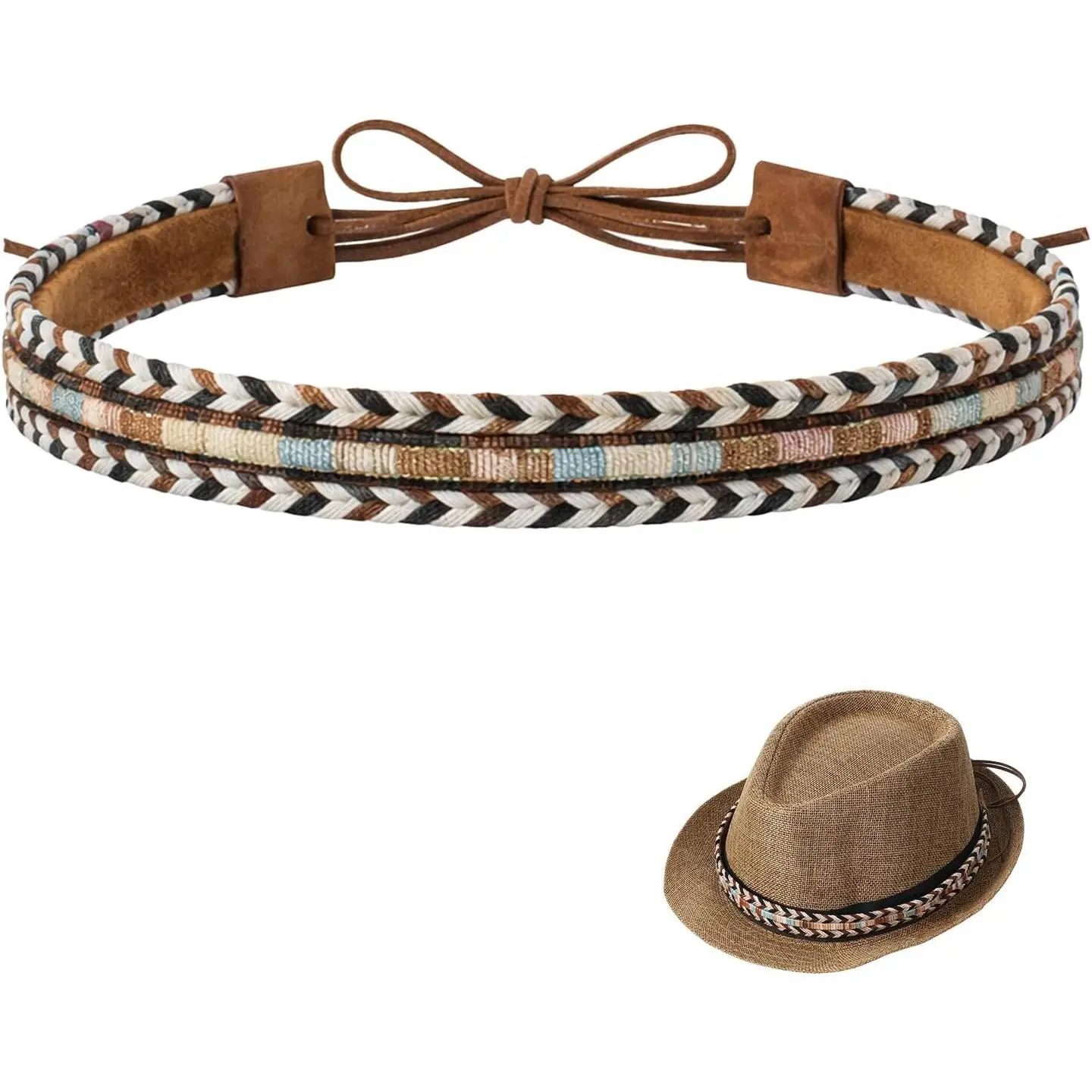 Cowboy Hat Band for Men & Women: Brown Leather Hat Band with  Belt Buckle, Crochet Denim Cowboy Hat Cinch -  Hat Accessories for Cowboy Hats