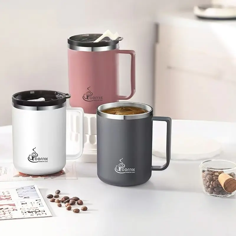 304 Stainless Steel Mug with Lid and Handle, Office Home Insulated Drinking Cup, Simple Large Capacity Heat-Resistant Tea Cup