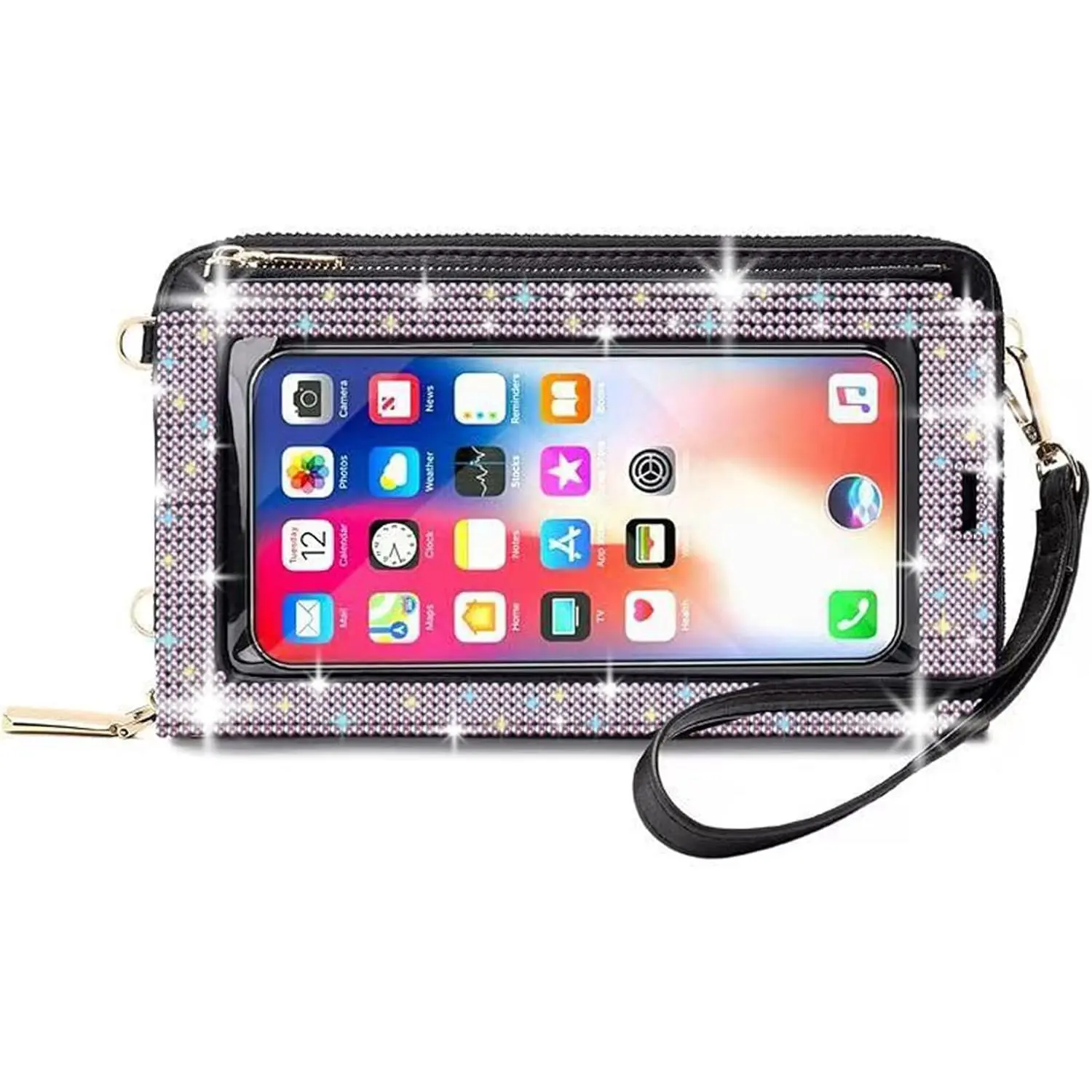 Bling Rhinestone RFID Blocking  Screen Phone Bag Womens Wallet Wristlet Clutch Large Capacity Card Phone Holder