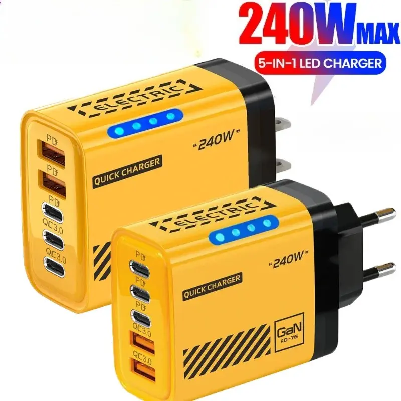 240W GaN US Plug Desktop  with LED Light, 5-Port (3USB + 2Type-) Dual Port , Smart  Cut Auto Stop for Smartphone, Cellphone, Android Devices, 3C Electronics, Pen Drive,  Flash Drive 100  chargers 1 phone usb c fast charger block adapter power cord