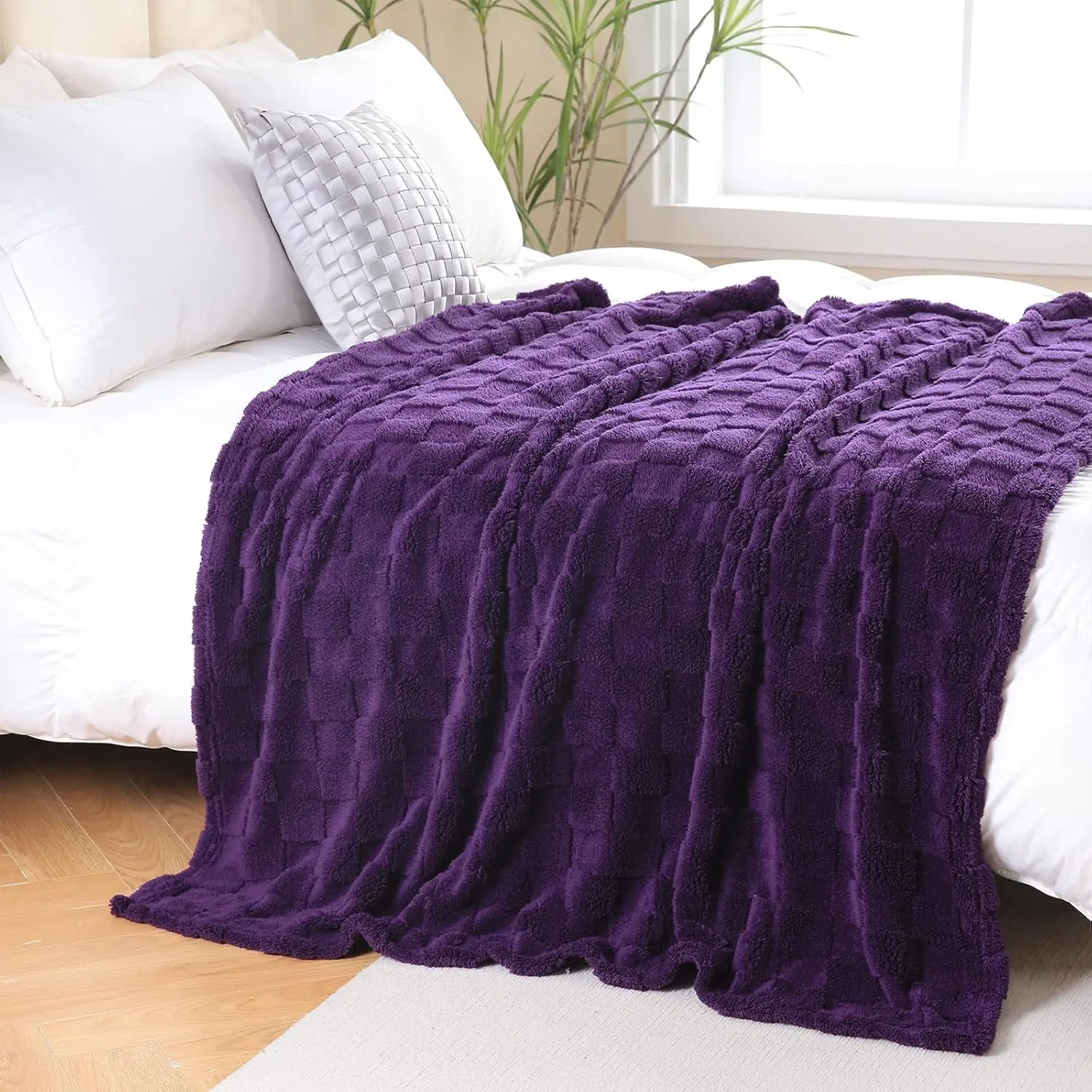 Deep Purple Fleece Throw Blanket 50”×70” Checkered Design for Couch Super Soft Cozy Plush Microfiber 3D Square Pattern Flannel Blanket for Sofa Bed Lightweight for Adults,Woman