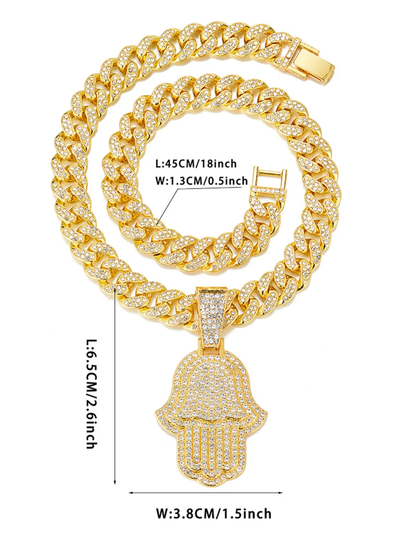 European and American Hip Hop Style Full Rhinestone Palm Pendant Necklace, Silver Color and, Versatile Couple Long Chain Jewelry